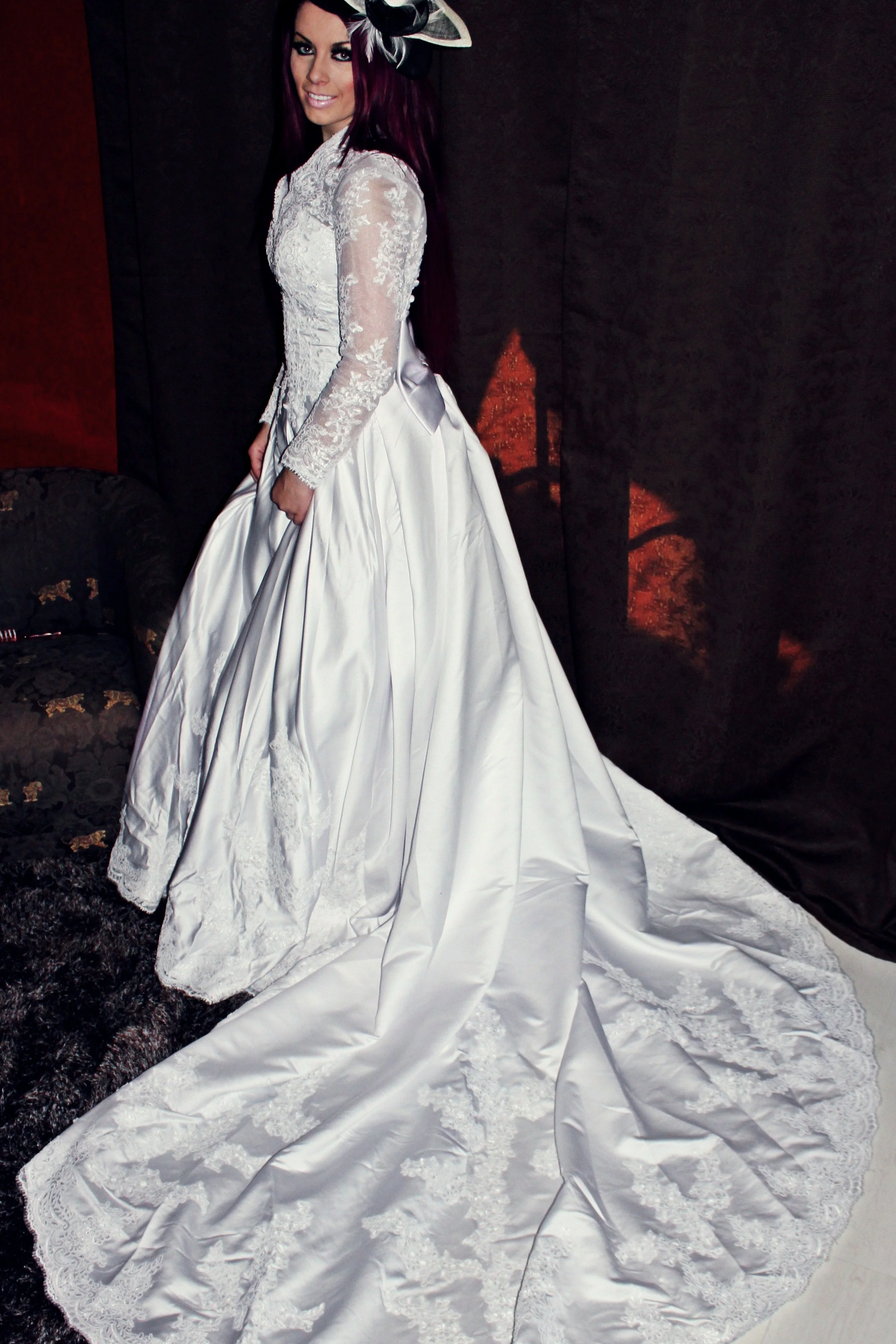 A-line V-neck Floor Length Chapel Charmuse Applique Bow Wedding Dress - Image 3
