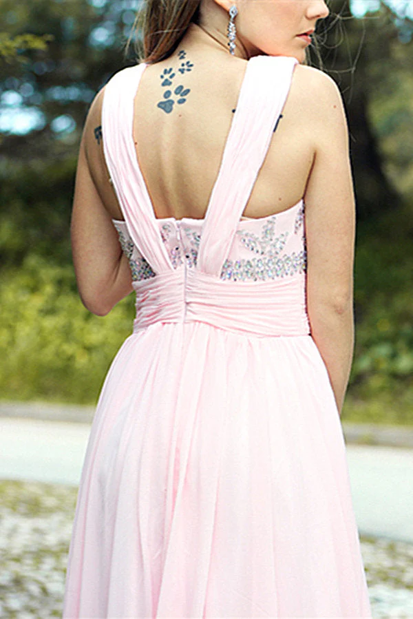 A-line V-neck Floor Length Chiffon Rhinestone Backless Prom Dress - Image 2