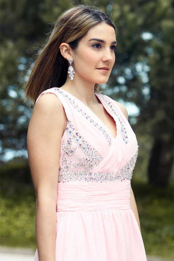 A-line V-neck Floor Length Chiffon Rhinestone Backless Prom Dress - Image 4