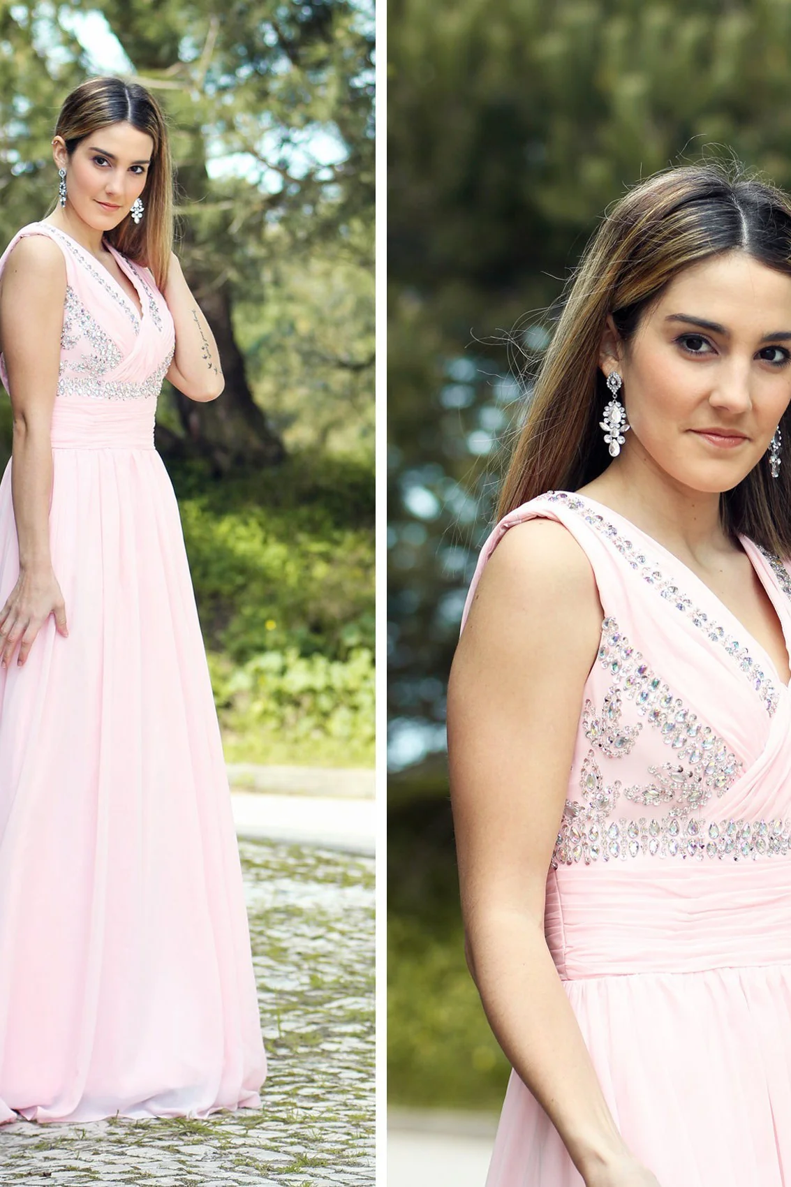 A-line V-neck Floor Length Chiffon Rhinestone Backless Prom Dress - Image 5
