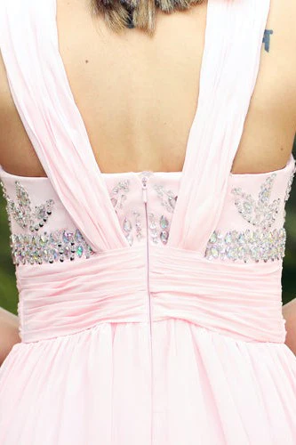A-line V-neck Floor Length Chiffon Rhinestone Backless Prom Dress - Image 6