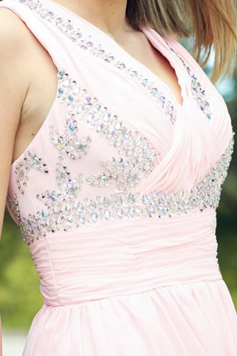 A-line V-neck Floor Length Chiffon Rhinestone Backless Prom Dress - Image 7