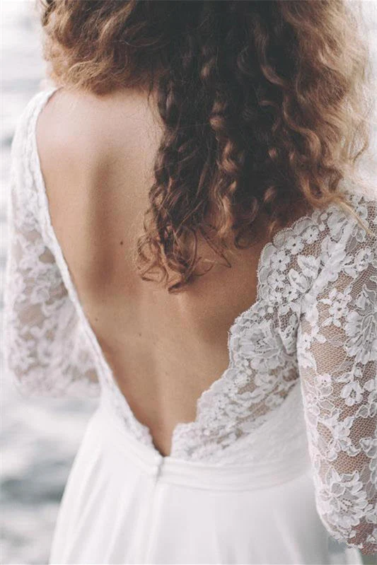 A-Line V-neck Floor-length Long Sleeve Lace Appliques Lace Wedding Dress - Image 2