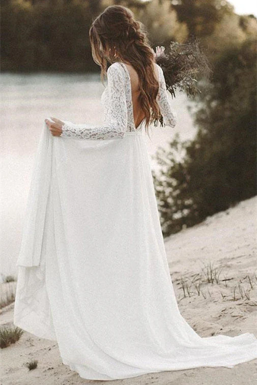 A-Line V-neck Floor-length Long Sleeve Lace Appliques Lace Wedding Dress - Image 3