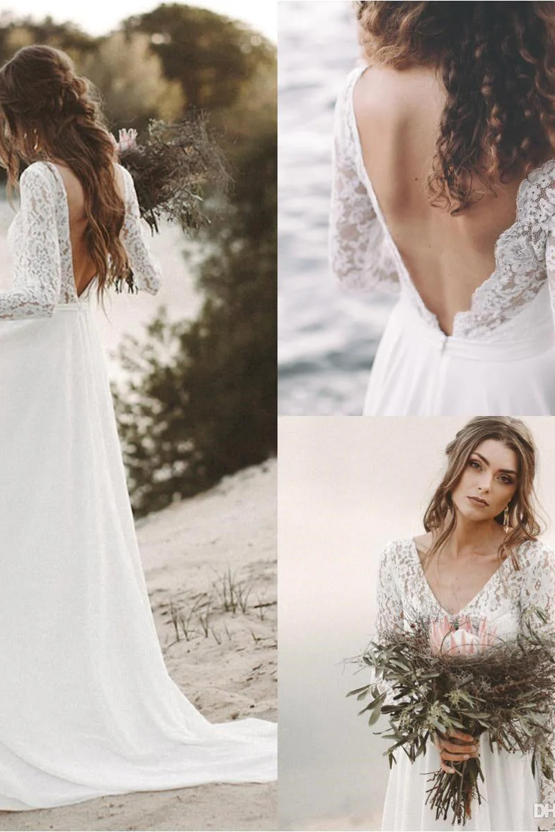 A-Line V-neck Floor-length Long Sleeve Lace Appliques Lace Wedding Dress - Image 4