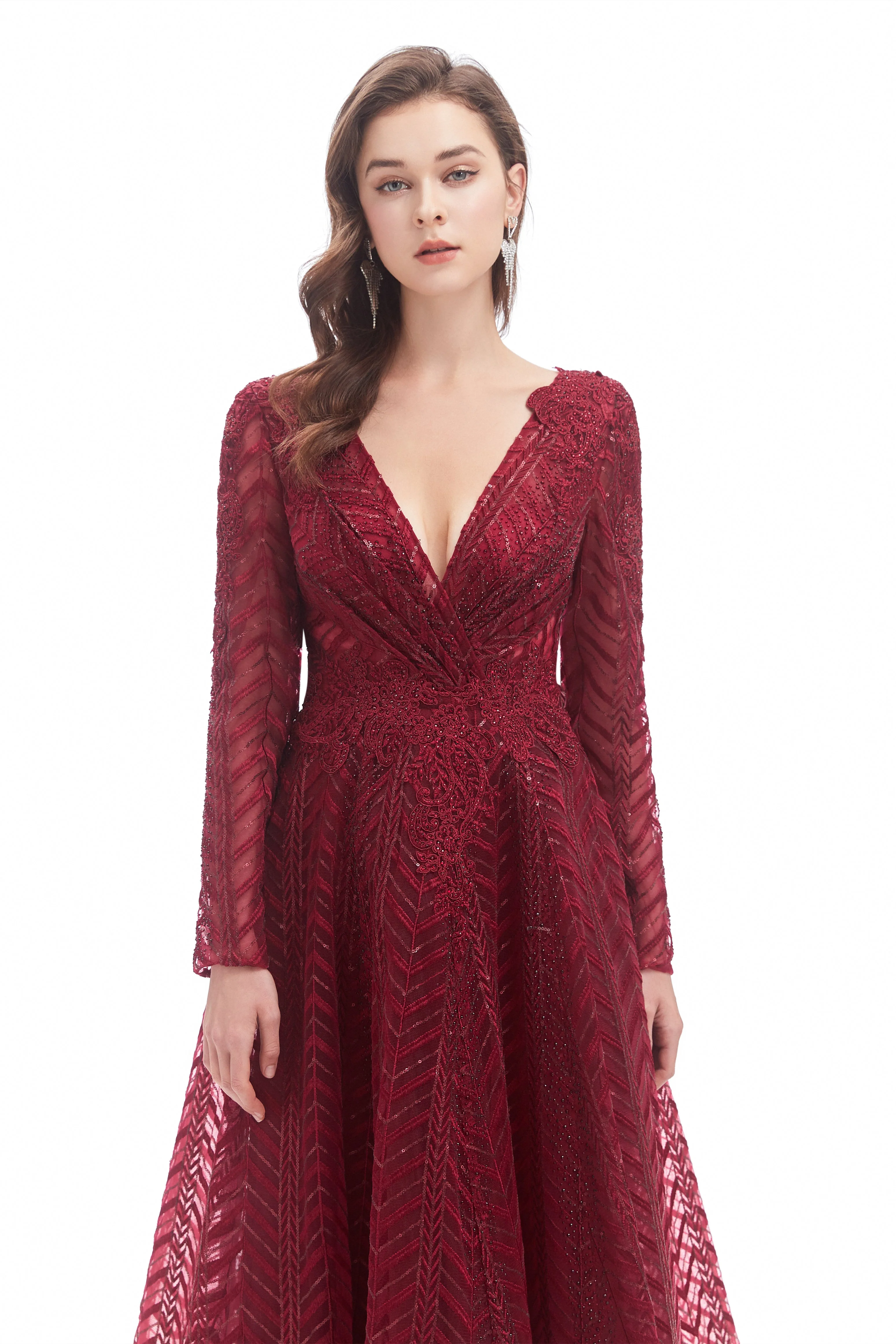 A-line V-neck Floor-length Long Sleeve Lace Sequined Prom Dress - Image 10
