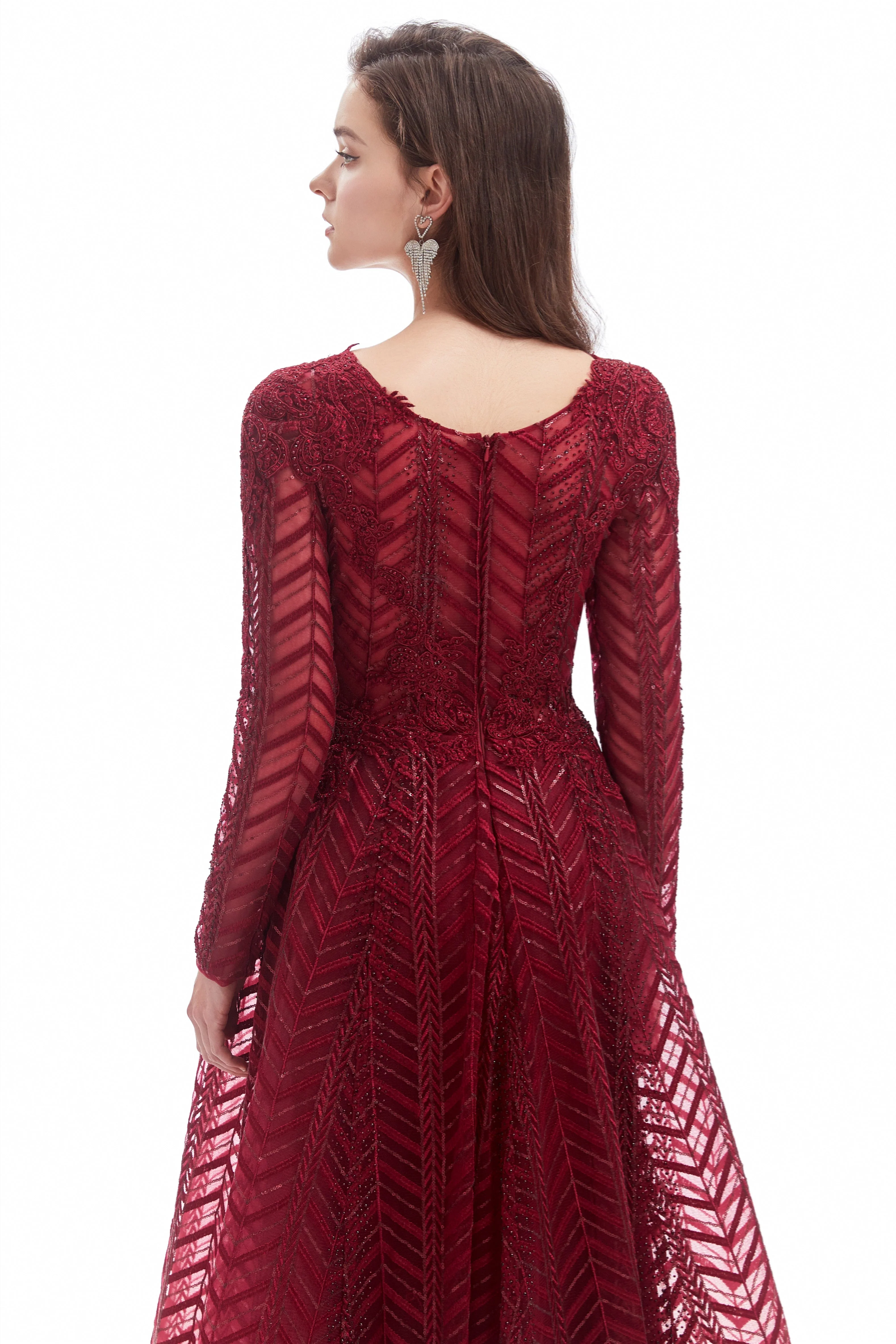 A-line V-neck Floor-length Long Sleeve Lace Sequined Prom Dress - Image 11