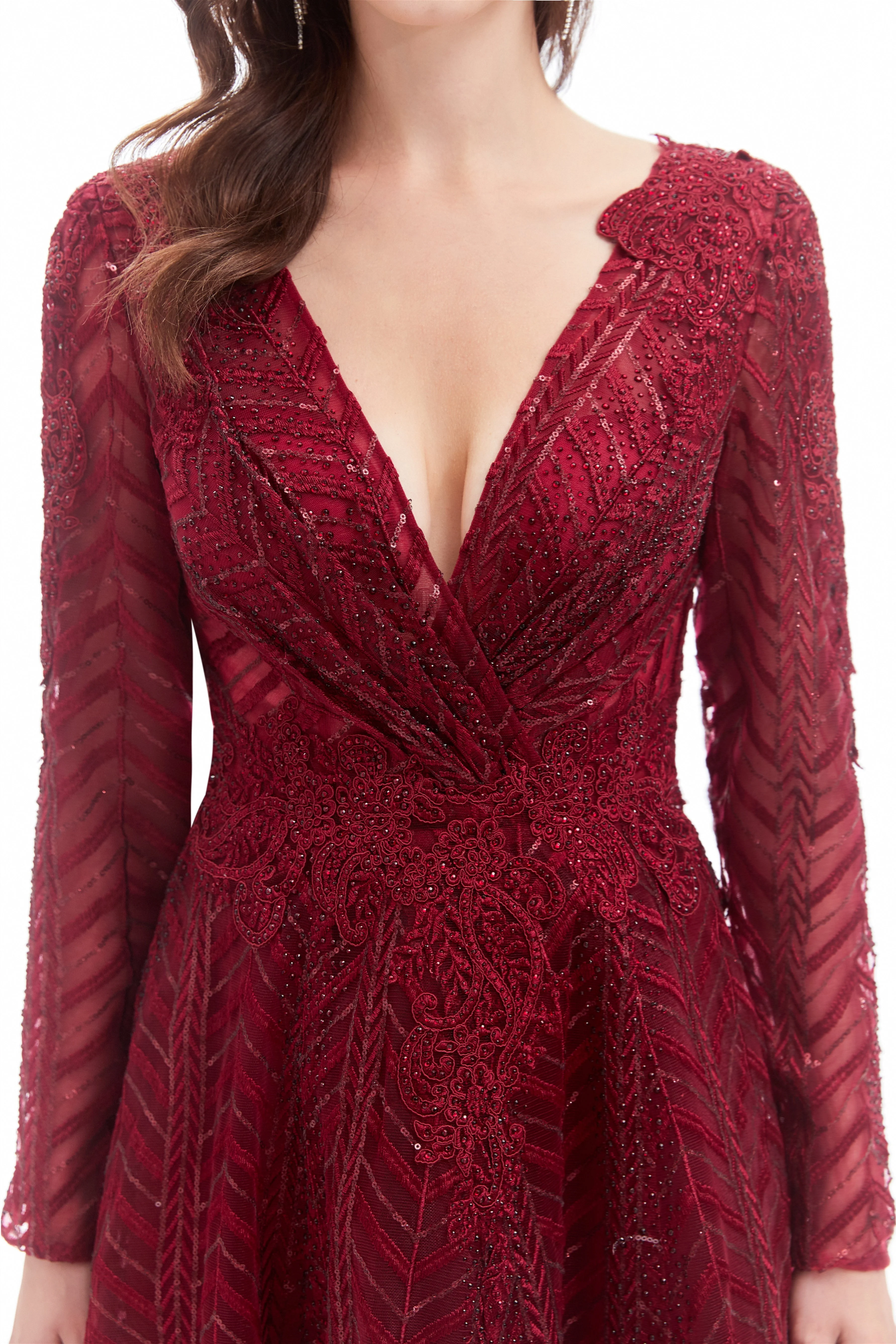 A-line V-neck Floor-length Long Sleeve Lace Sequined Prom Dress - Image 12