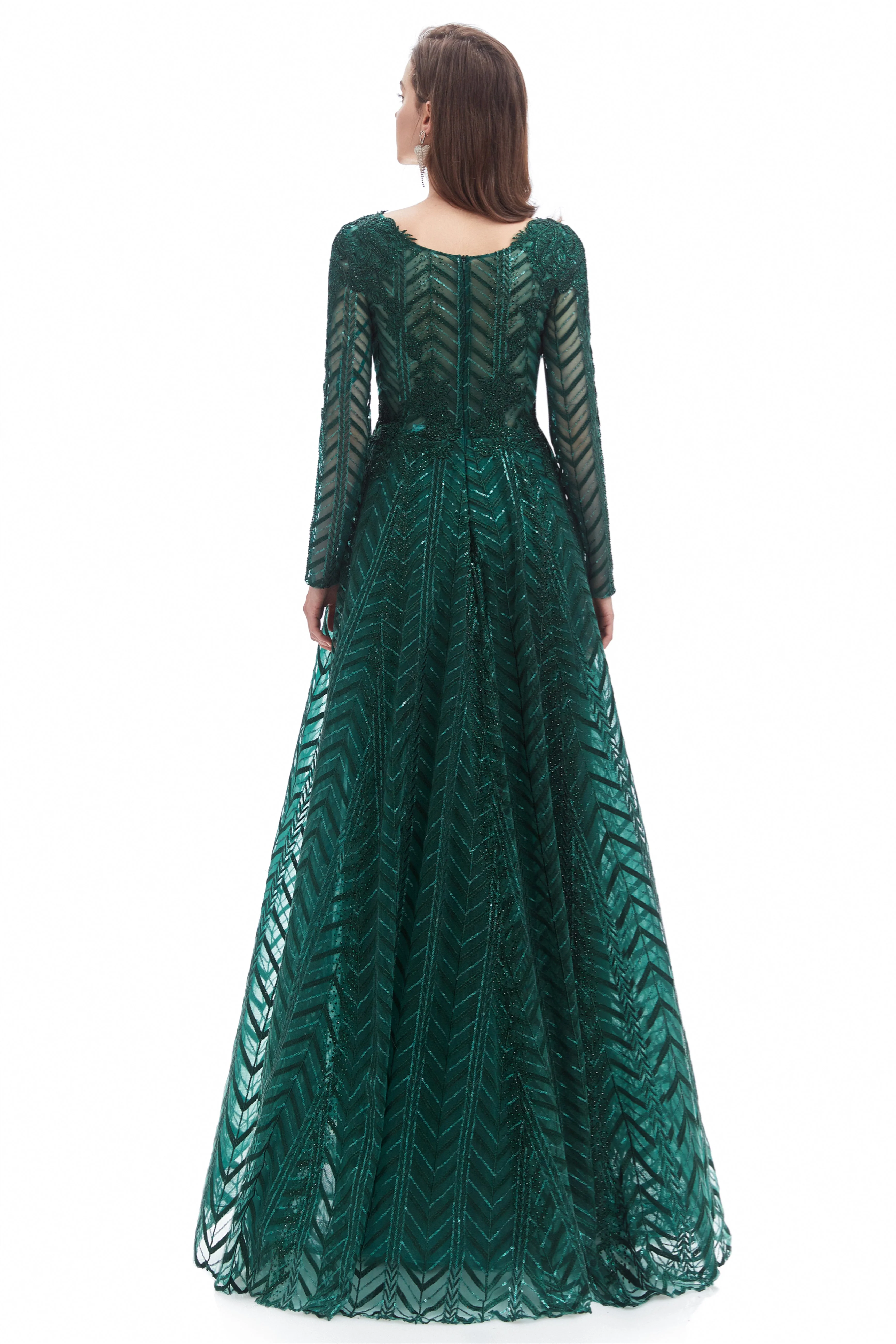 A-line V-neck Floor-length Long Sleeve Lace Sequined Prom Dress - Image 2