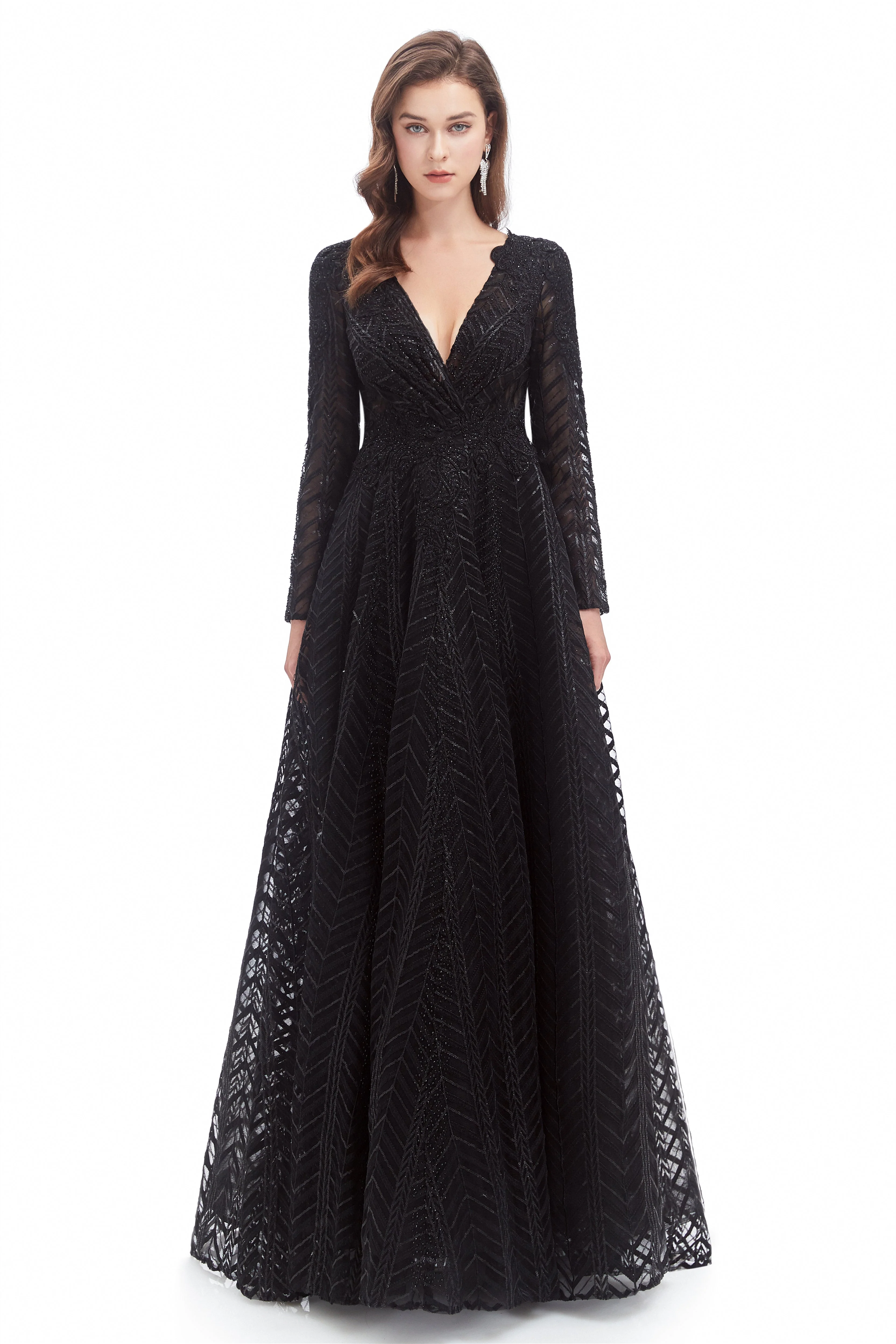 A-line V-neck Floor-length Long Sleeve Lace Sequined Prom Dress - Image 3