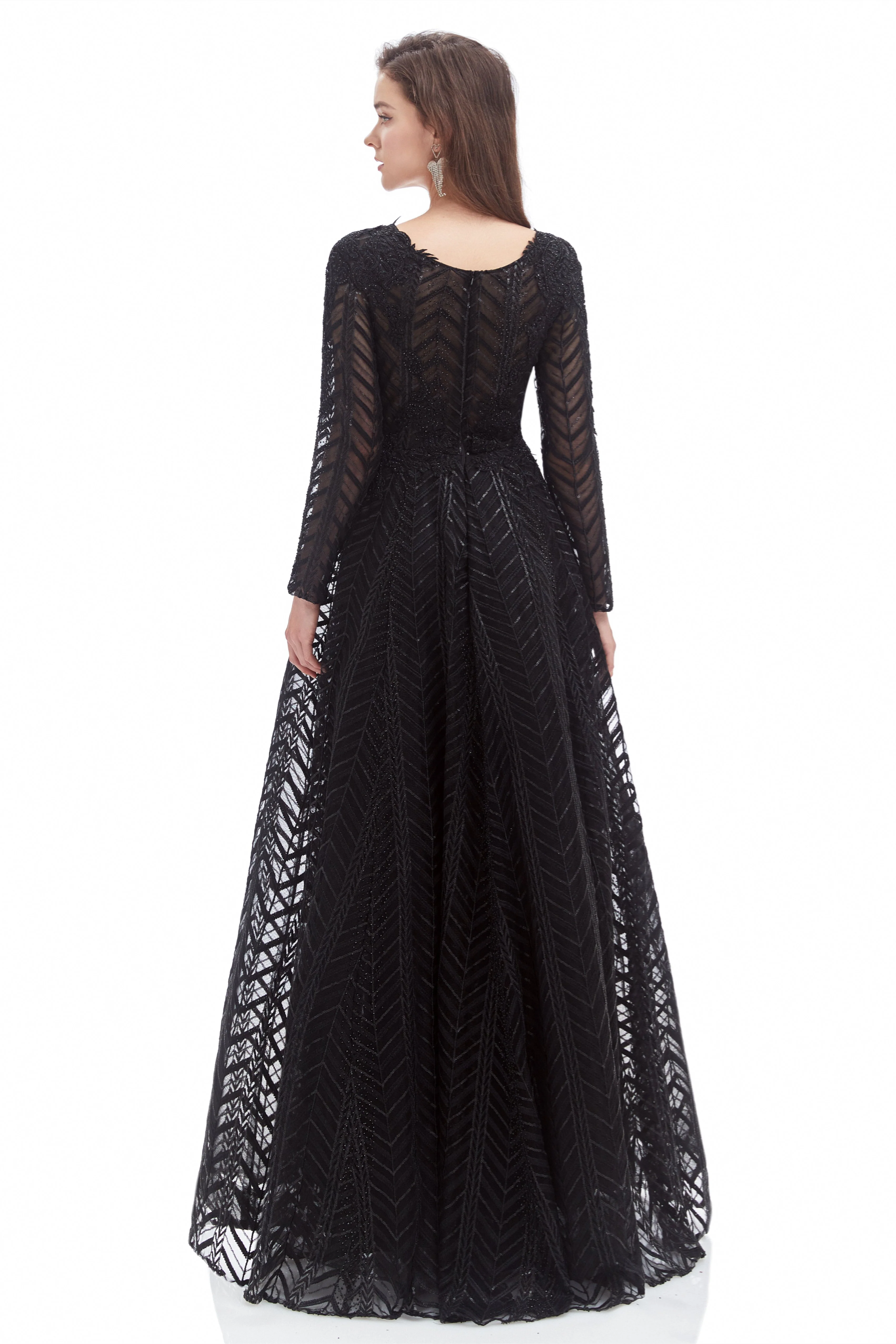 A-line V-neck Floor-length Long Sleeve Lace Sequined Prom Dress - Image 4