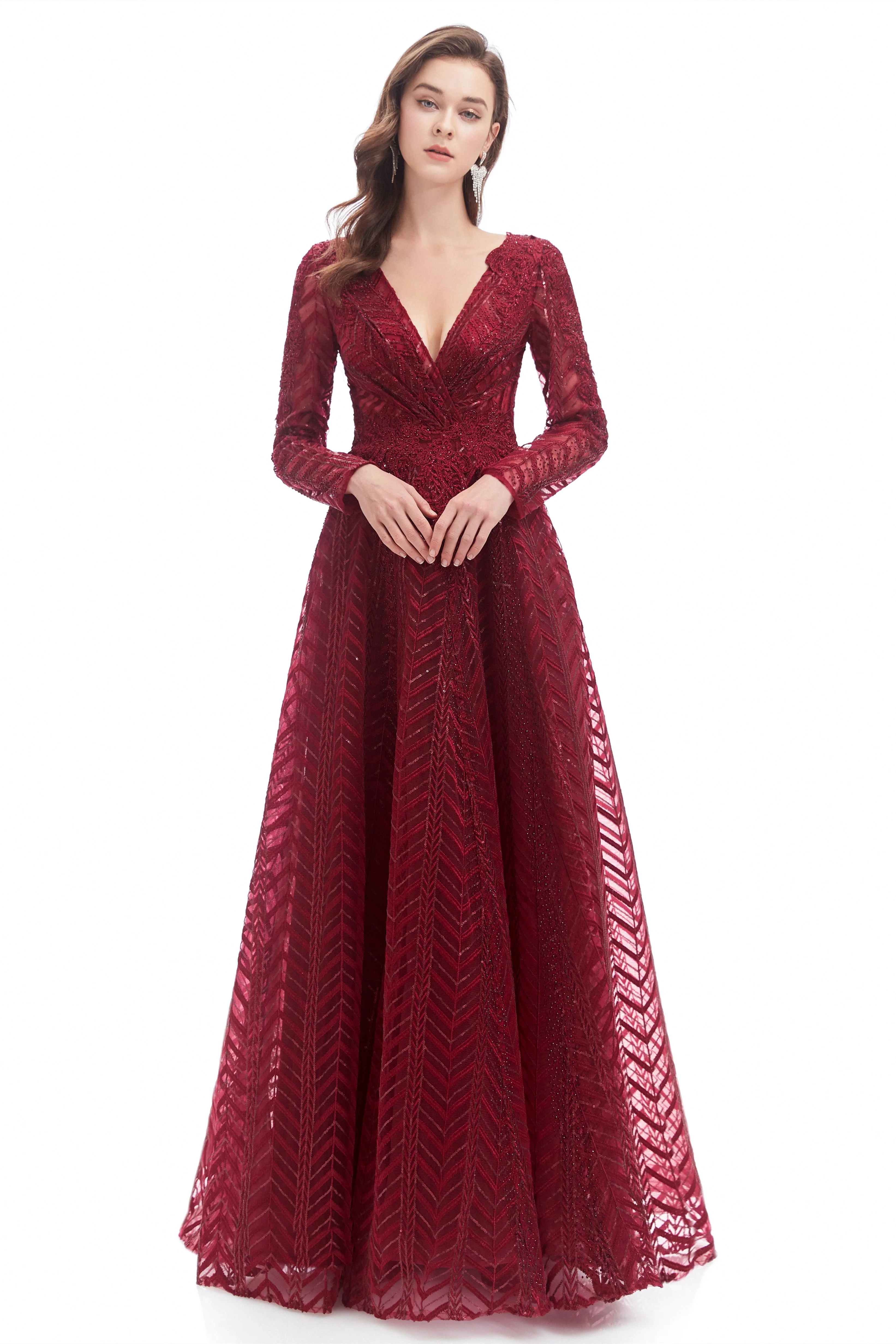 A-line V-neck Floor-length Long Sleeve Lace Sequined Prom Dress - Image 5