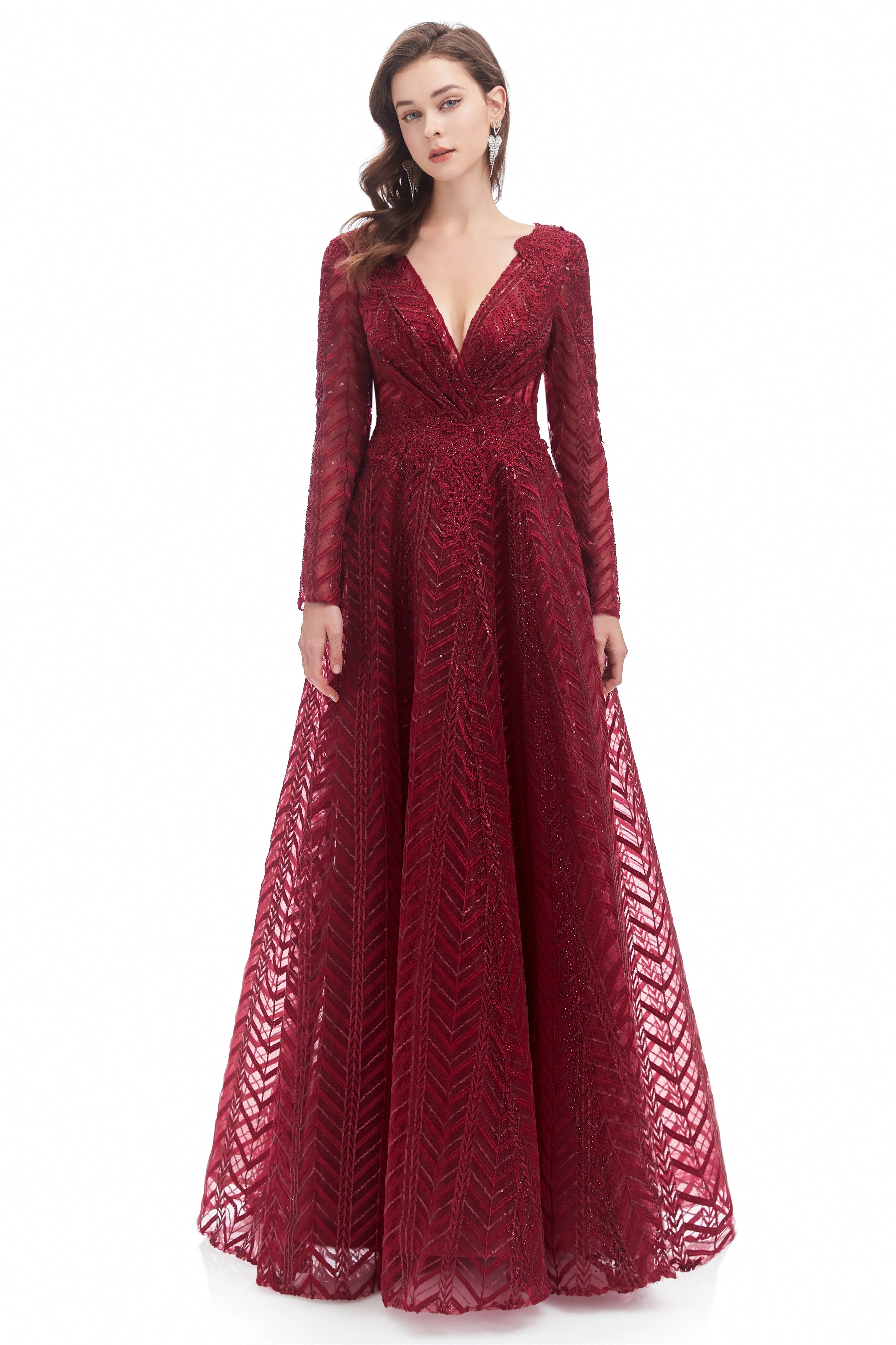 A-line V-neck Floor-length Long Sleeve Lace Sequined Prom Dress - Image 6