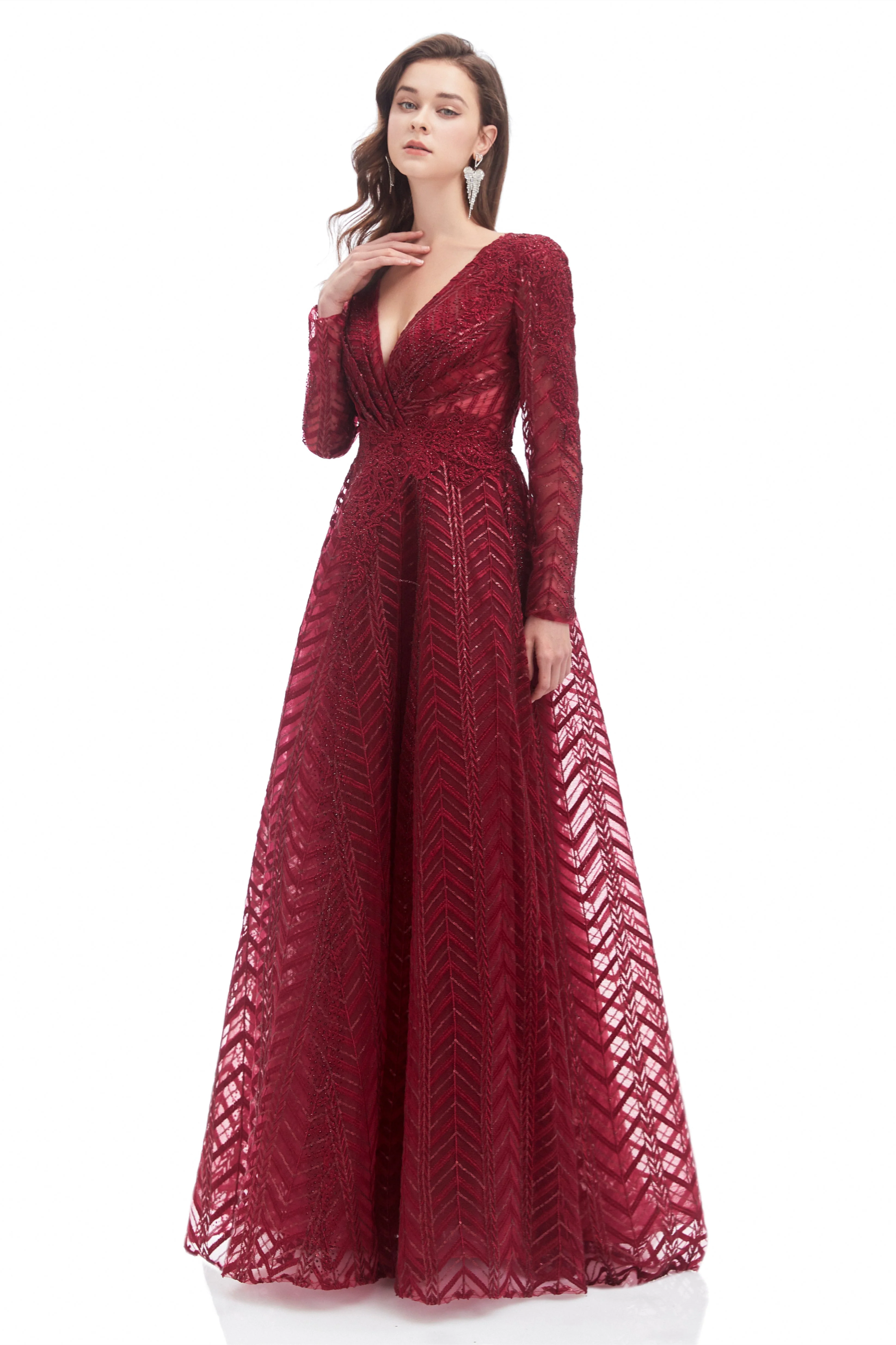 A-line V-neck Floor-length Long Sleeve Lace Sequined Prom Dress - Image 7