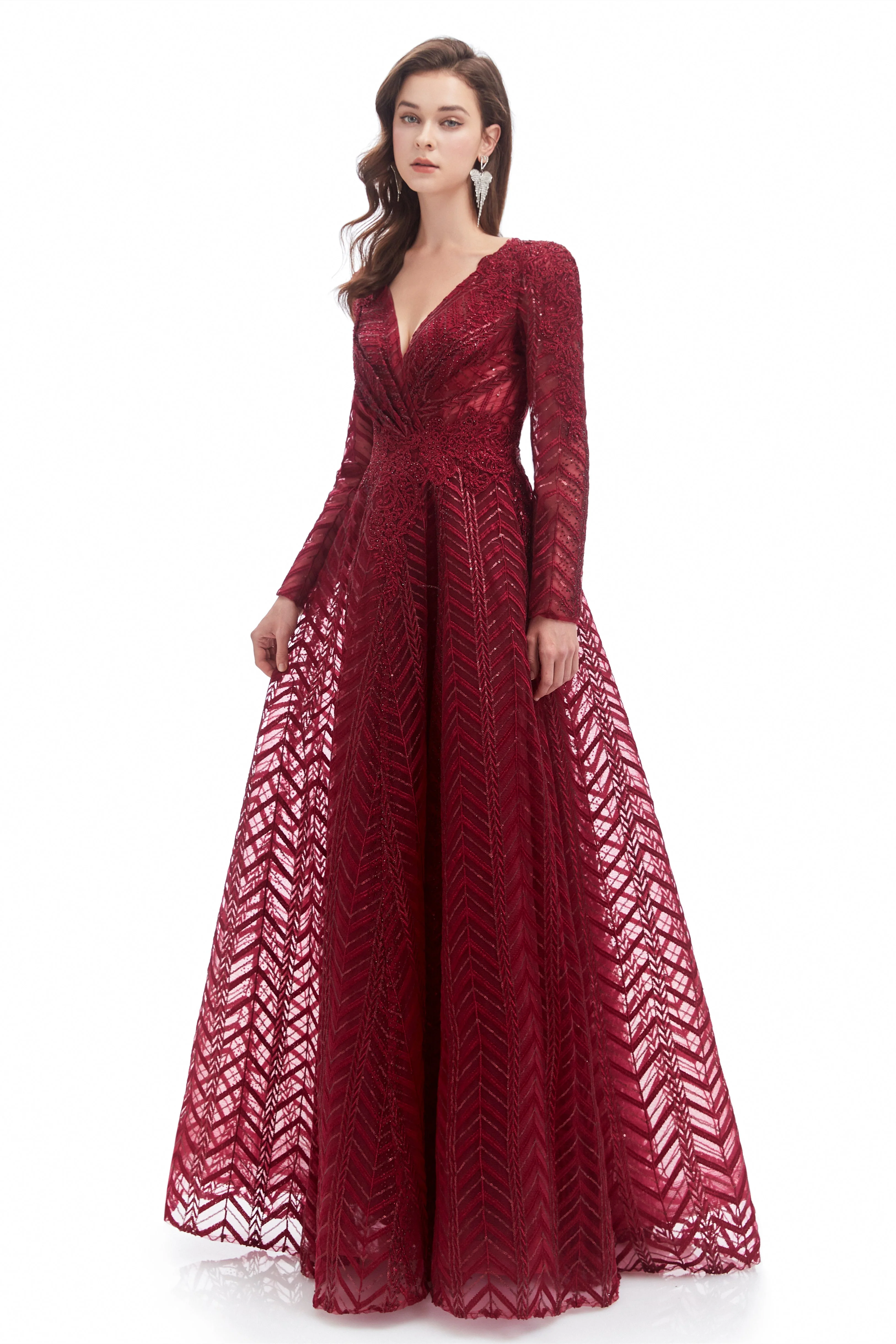 A-line V-neck Floor-length Long Sleeve Lace Sequined Prom Dress - Image 8