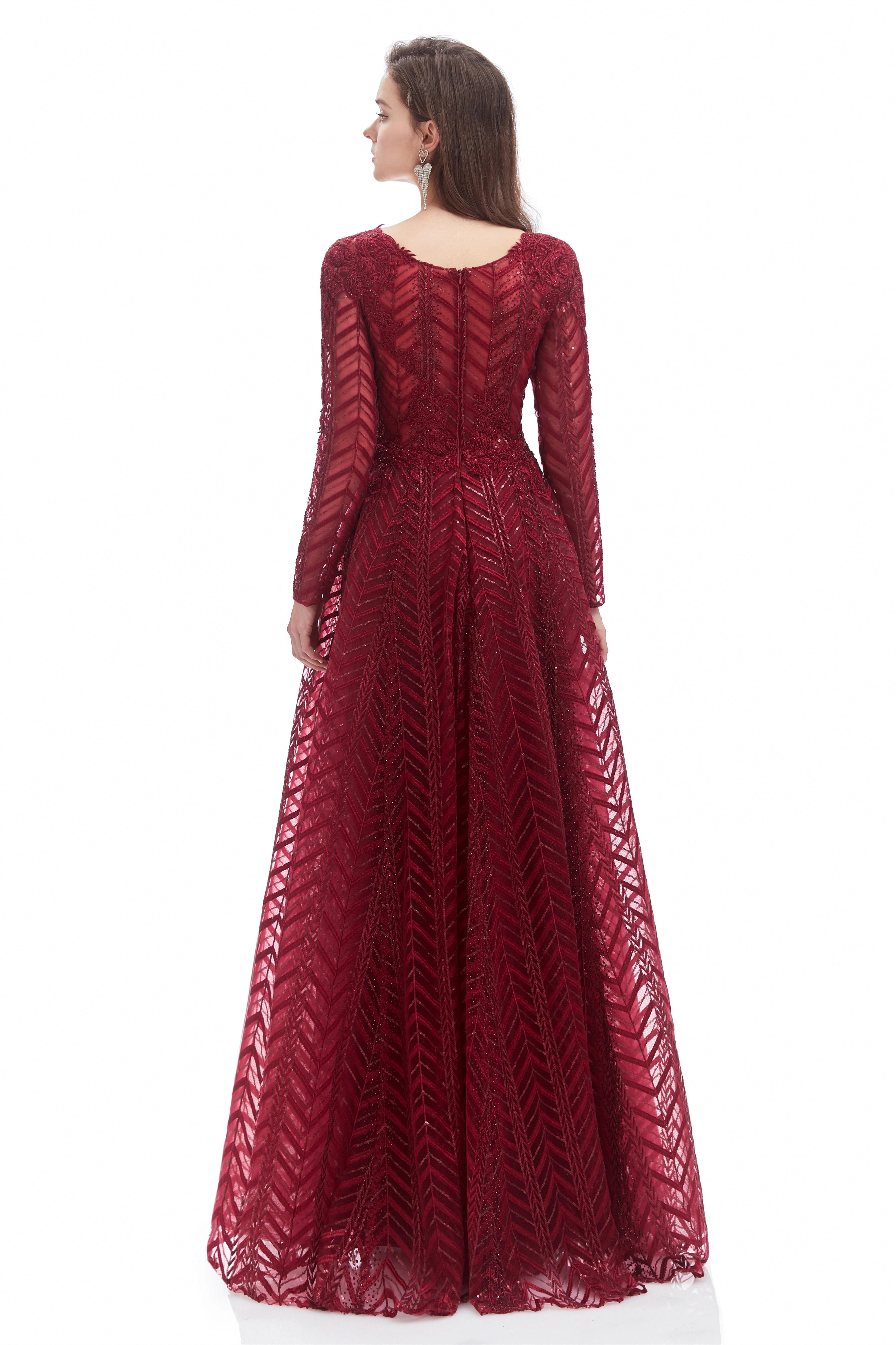 A-line V-neck Floor-length Long Sleeve Lace Sequined Prom Dress - Image 9