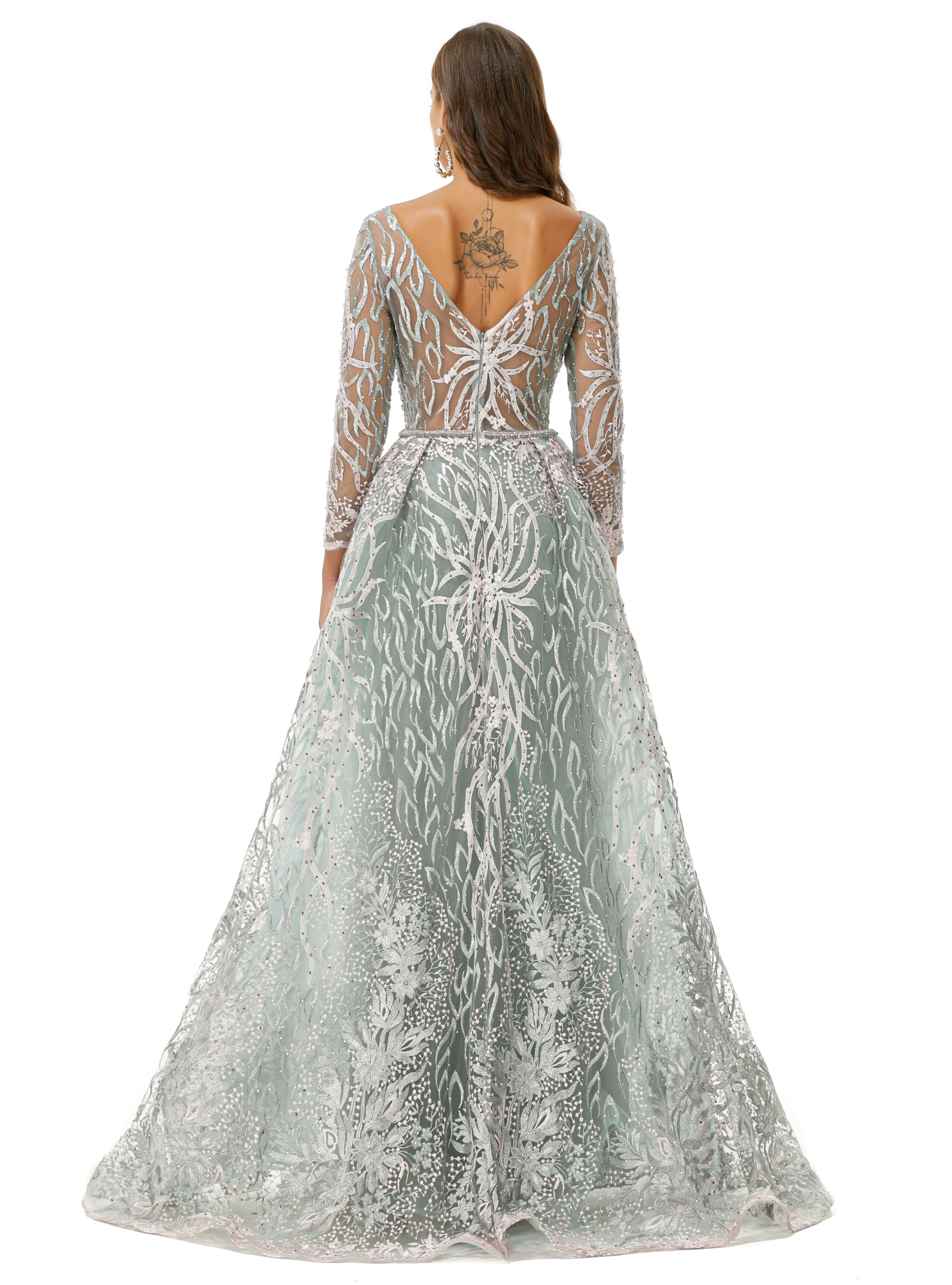 A-line V-neck Floor-length Long Sleeve Open Back Appliques Lace Prom Dress - Image 2