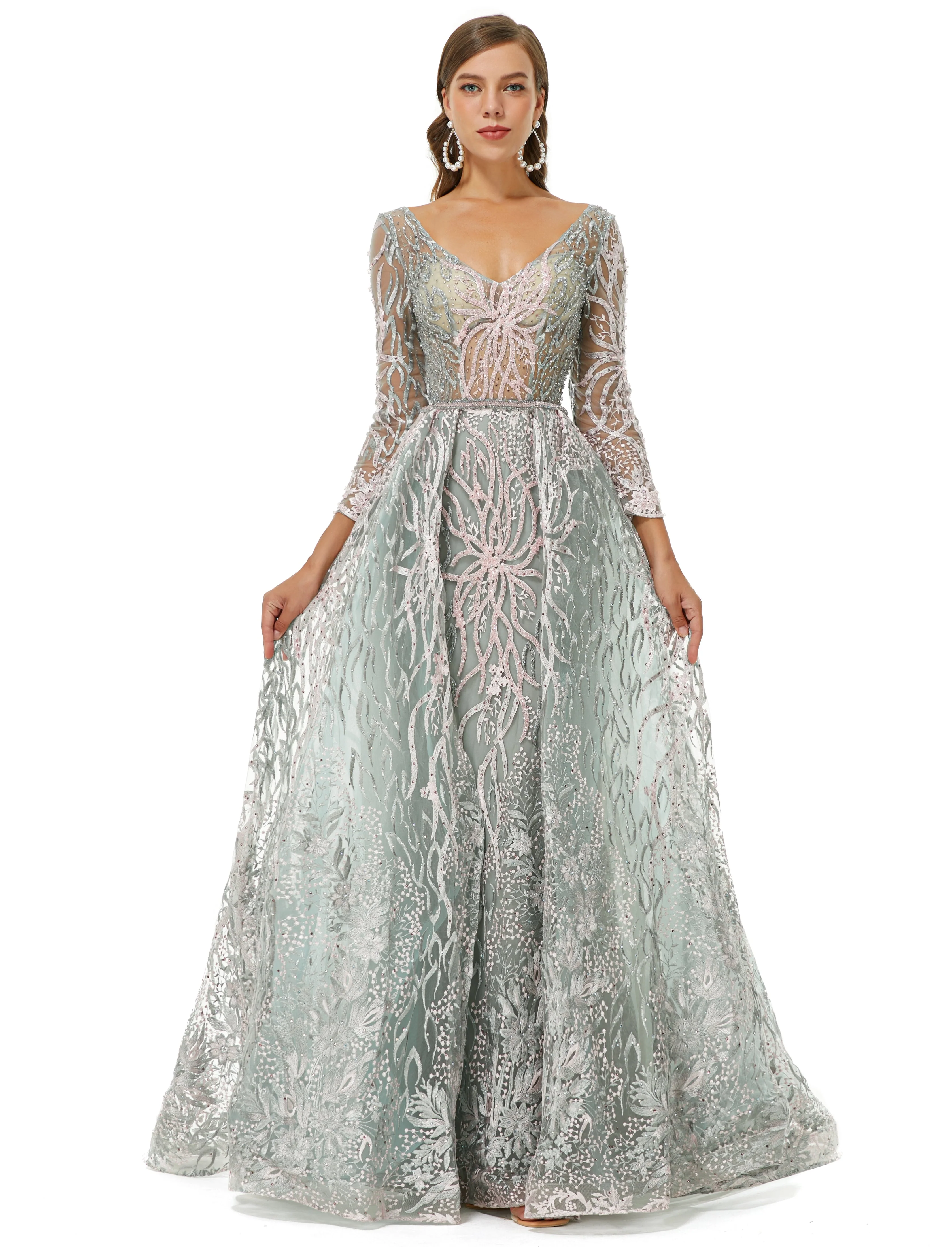 A-line V-neck Floor-length Long Sleeve Open Back Appliques Lace Prom Dress - Image 3