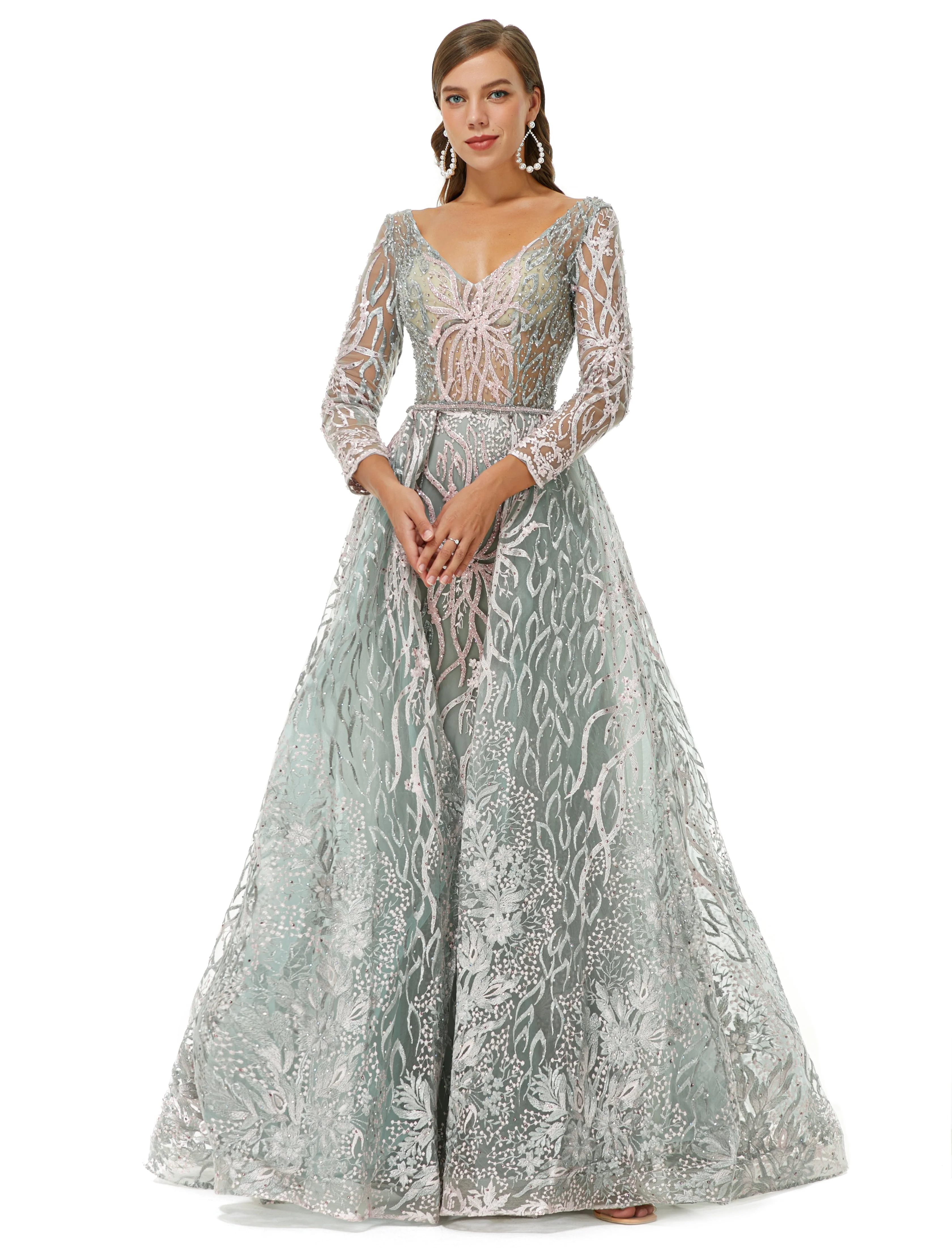 A-line V-neck Floor-length Long Sleeve Open Back Appliques Lace Prom Dress - Image 4