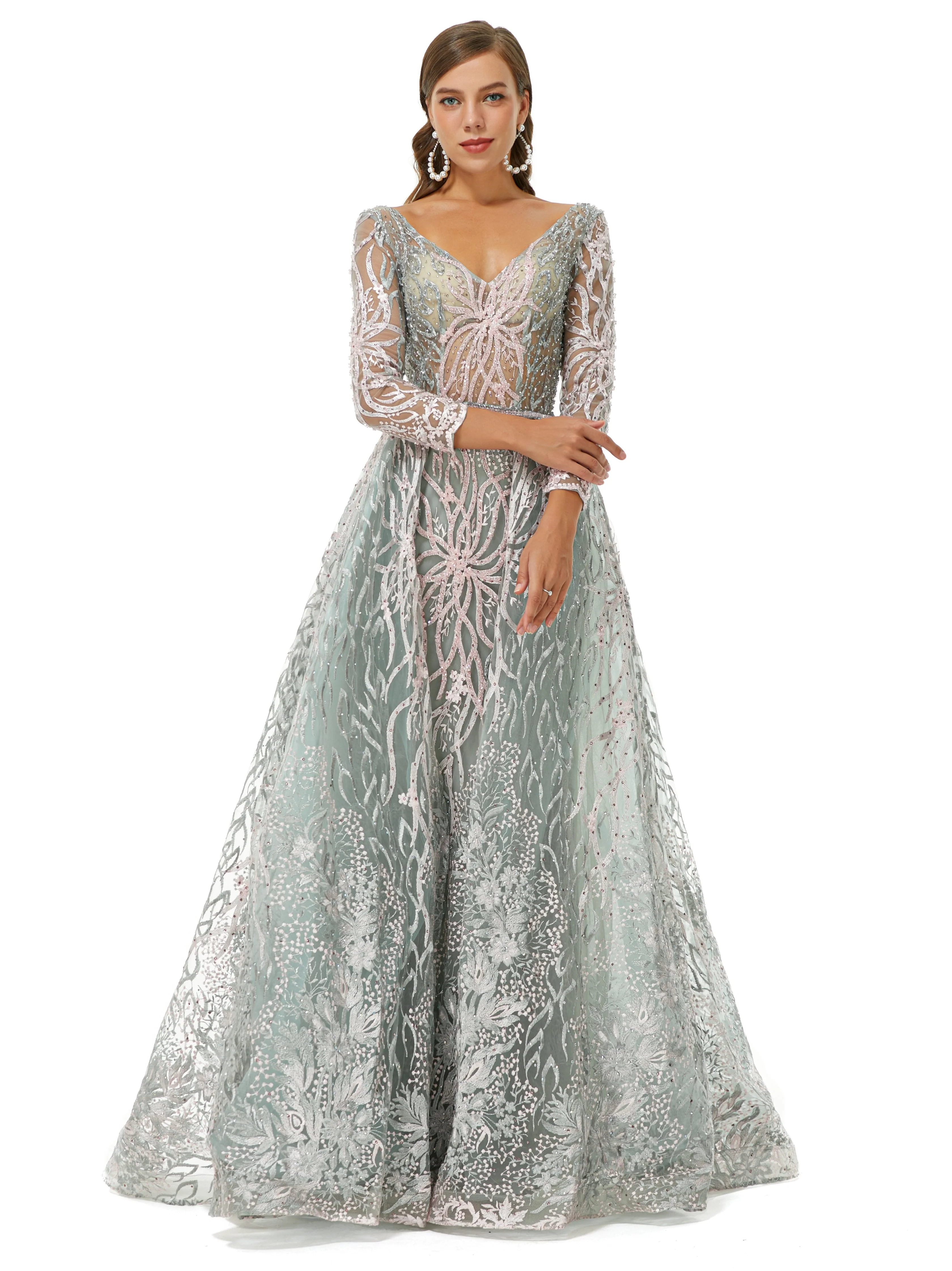 A-line V-neck Floor-length Long Sleeve Open Back Appliques Lace Prom Dress - Image 5