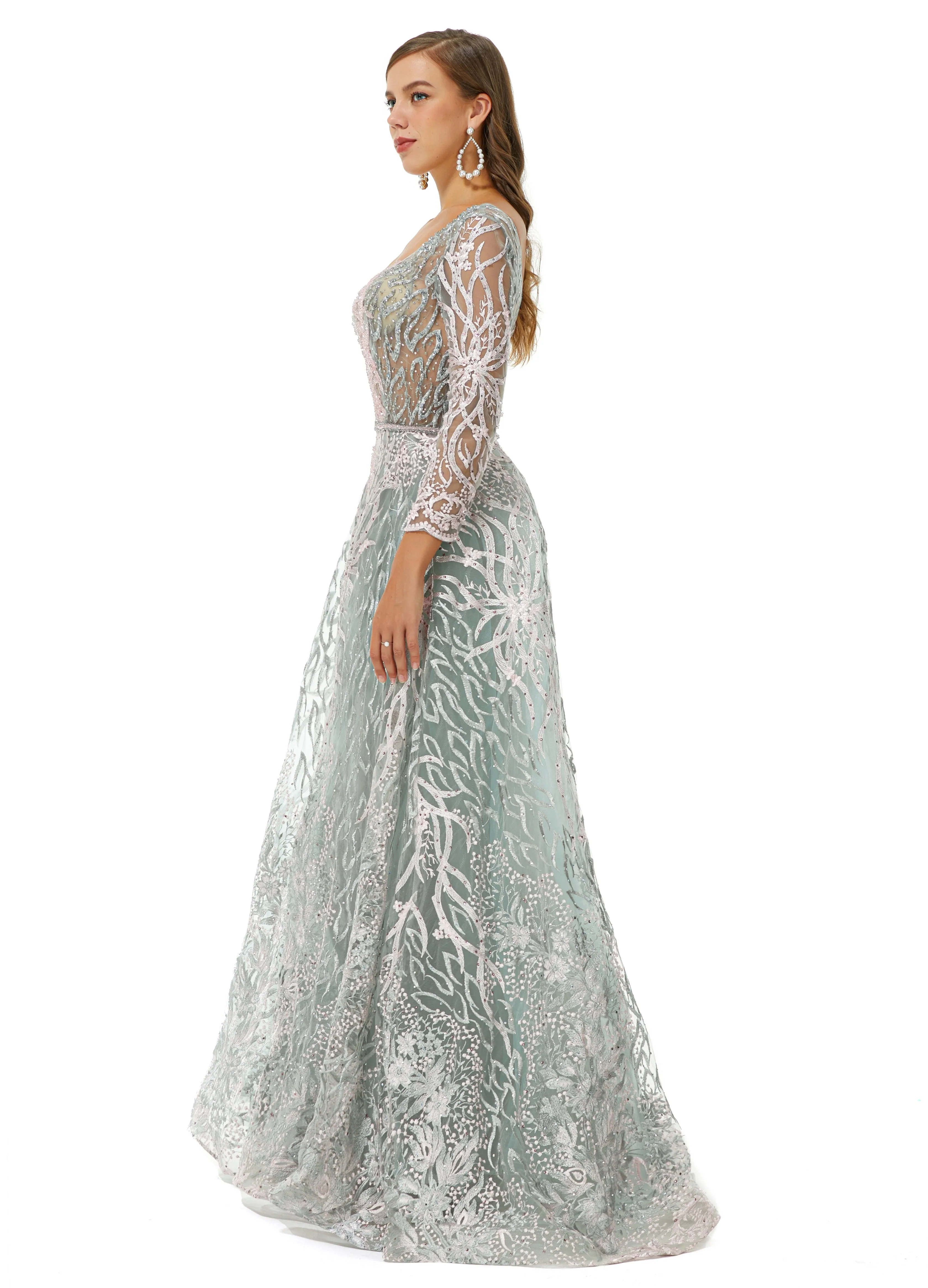 A-line V-neck Floor-length Long Sleeve Open Back Appliques Lace Prom Dress - Image 6
