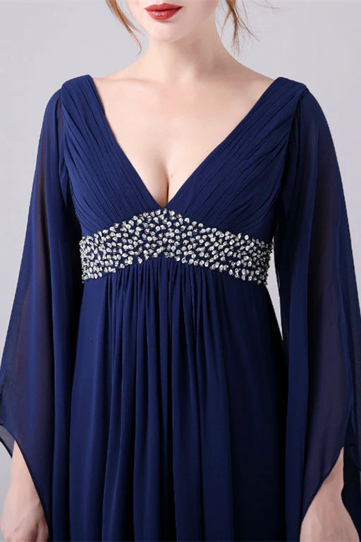 A-Line V-neck Floor Length Long sleeves Backless Sequined mother's dress - Image 3