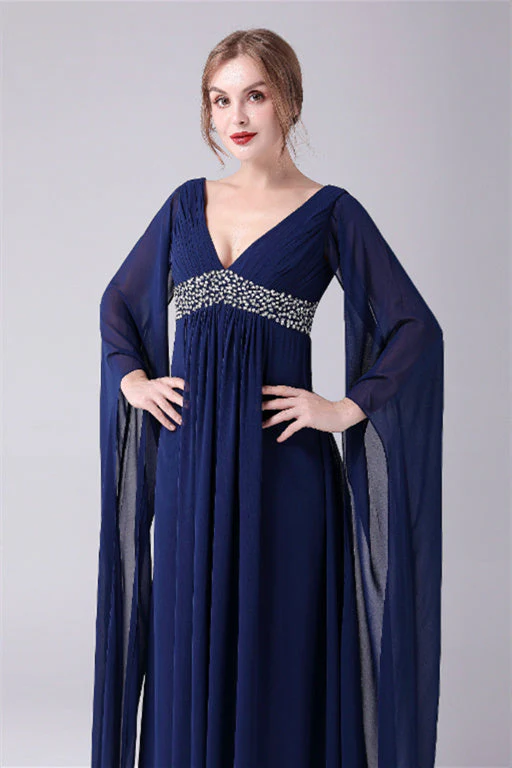 A-Line V-neck Floor Length Long sleeves Backless Sequined mother's dress - Image 4