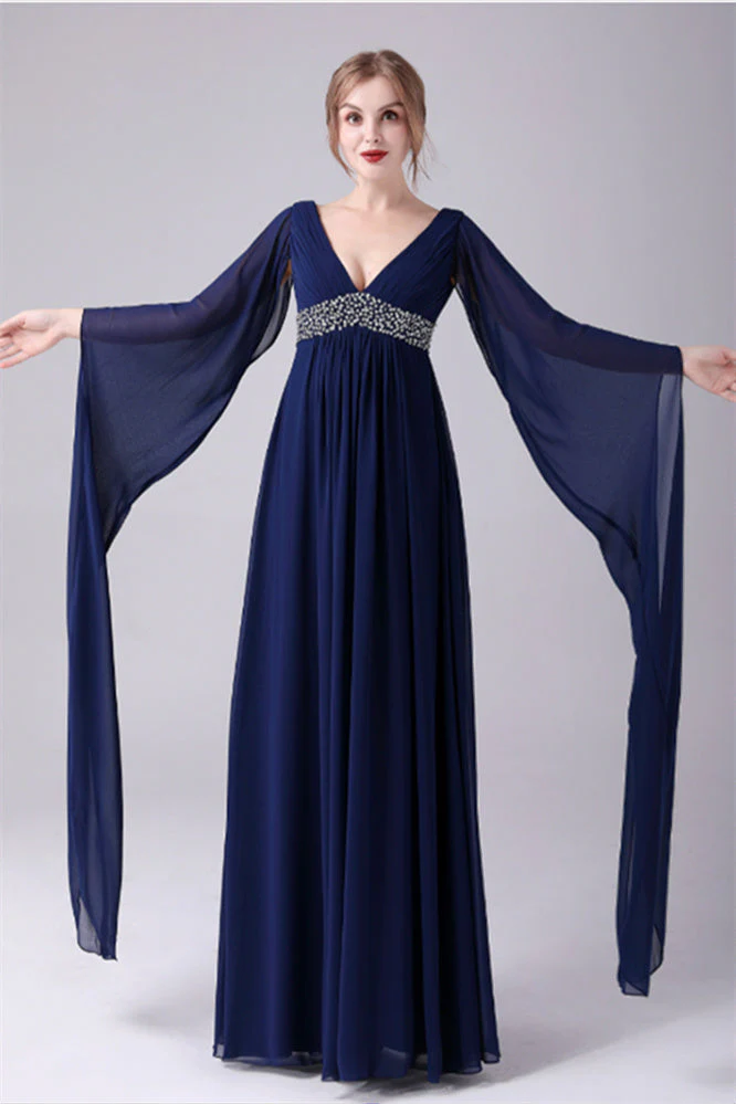 A-Line V-neck Floor Length Long sleeves Backless Sequined mother's dress - Image 5