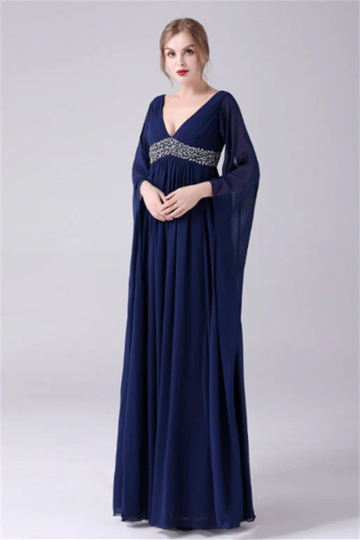 A-Line V-neck Floor Length Long sleeves Backless Sequined mother's dress - Image 7