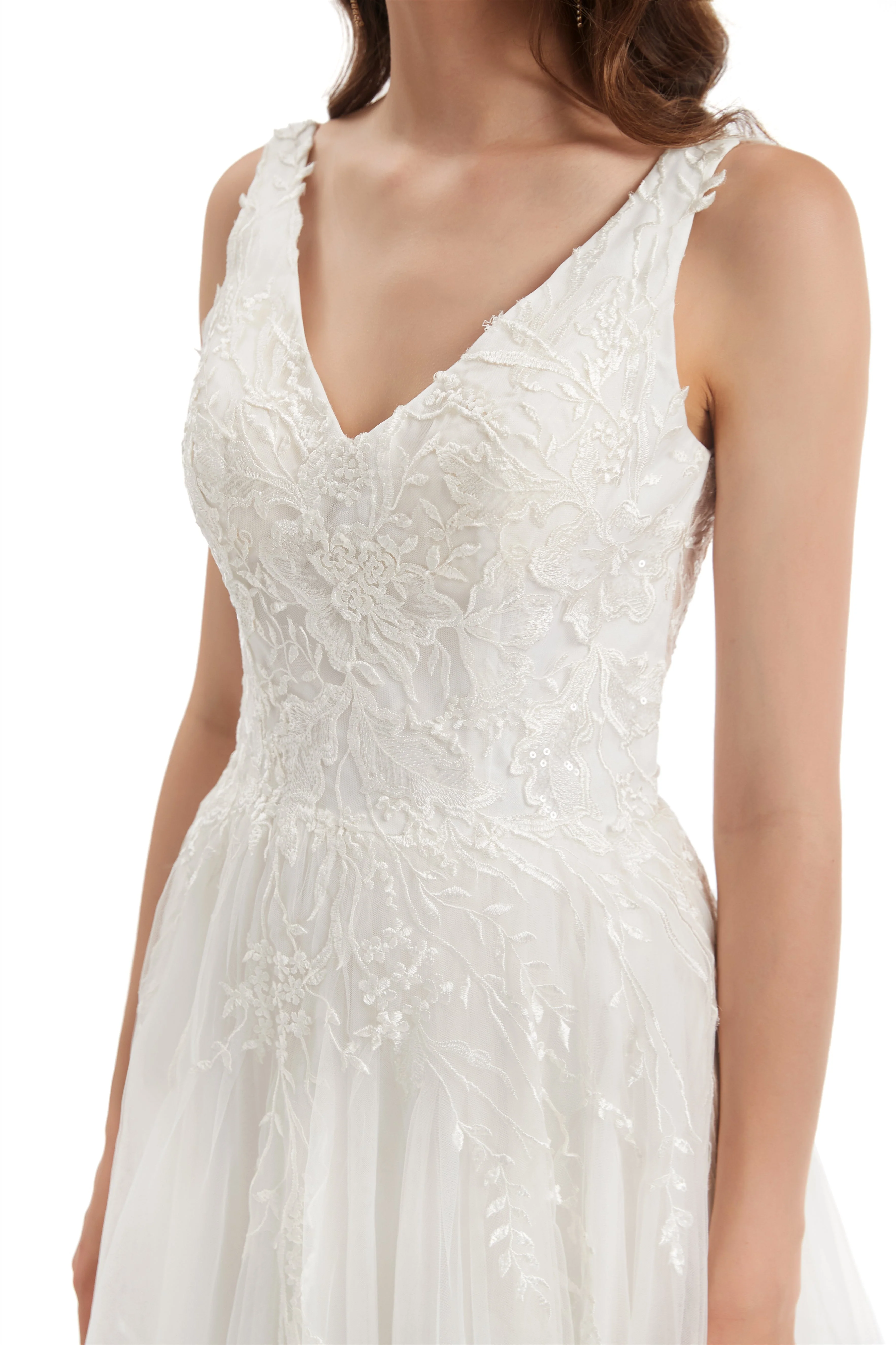 A-line V-neck Floor-length Sleeveless Backless Appliques Lace Wedding Dress - Image 10