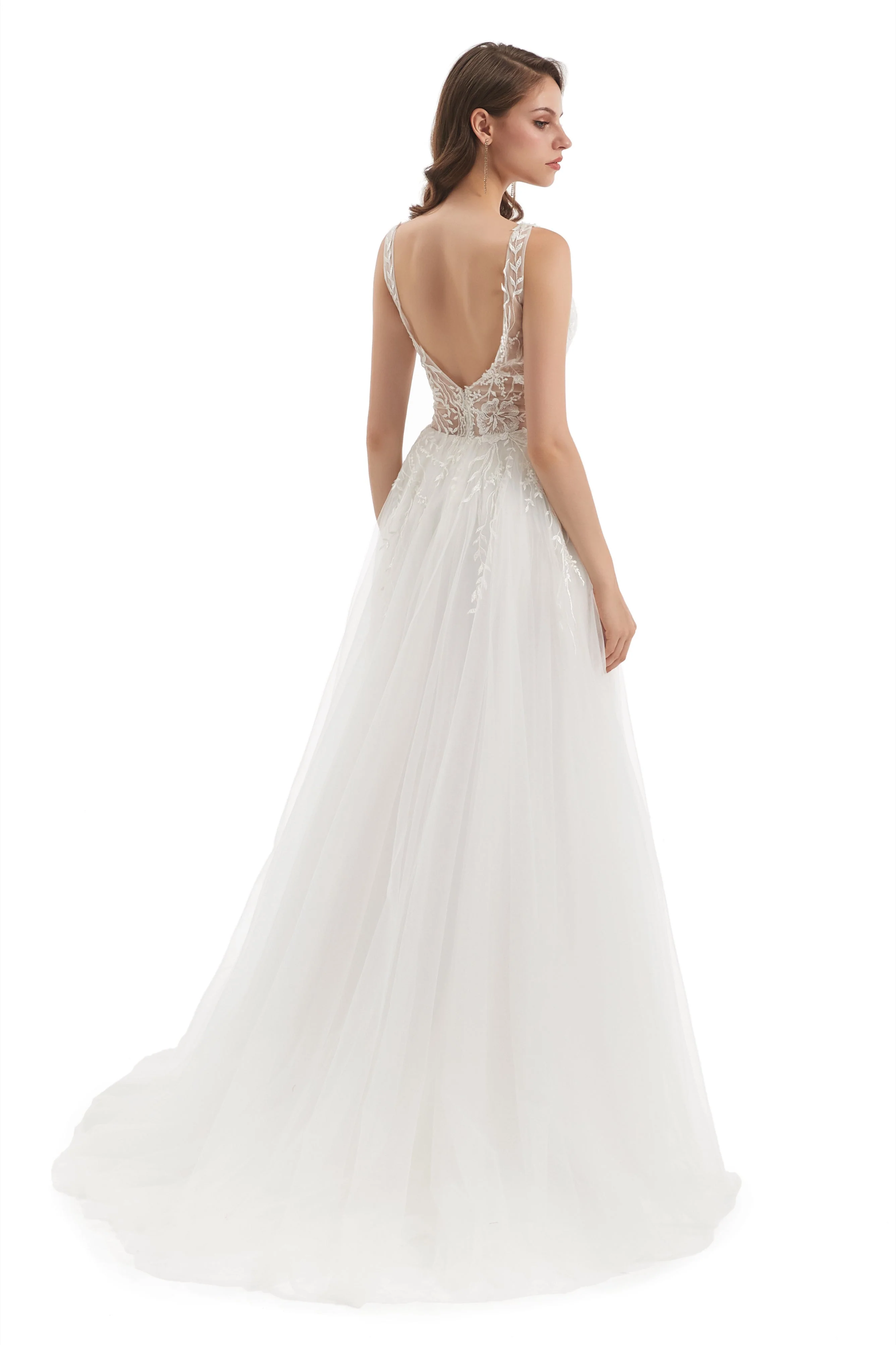 A-line V-neck Floor-length Sleeveless Backless Appliques Lace Wedding Dress - Image 2
