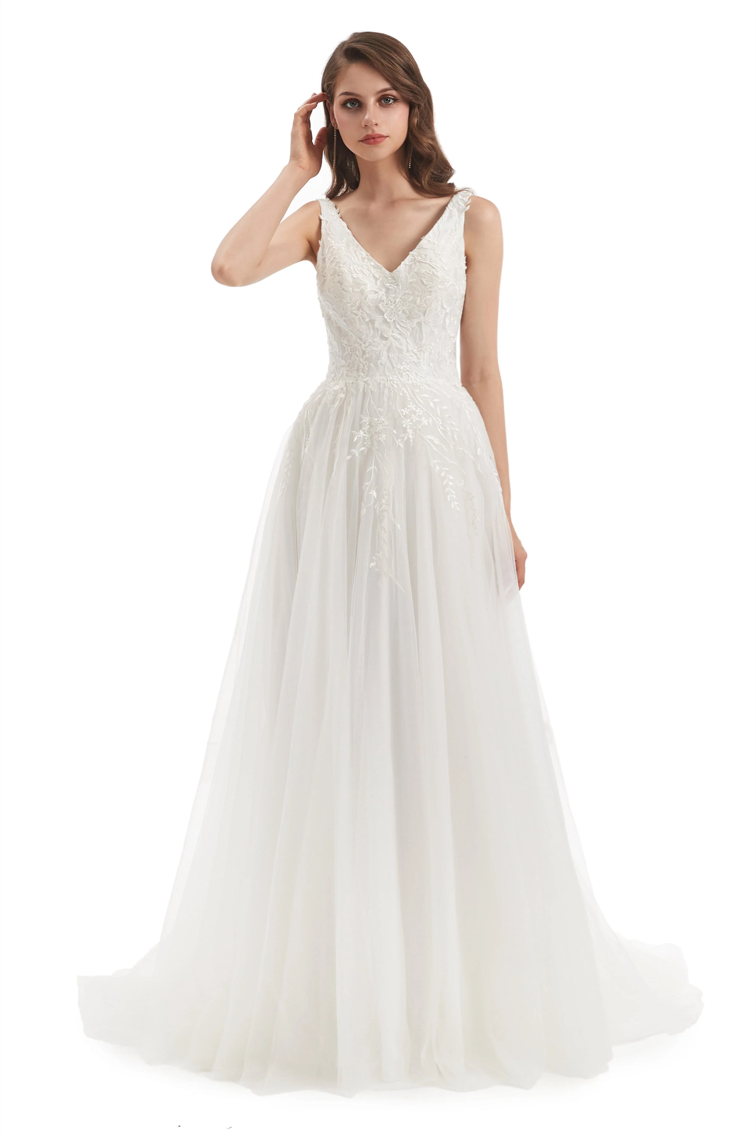 A-line V-neck Floor-length Sleeveless Backless Appliques Lace Wedding Dress - Image 3