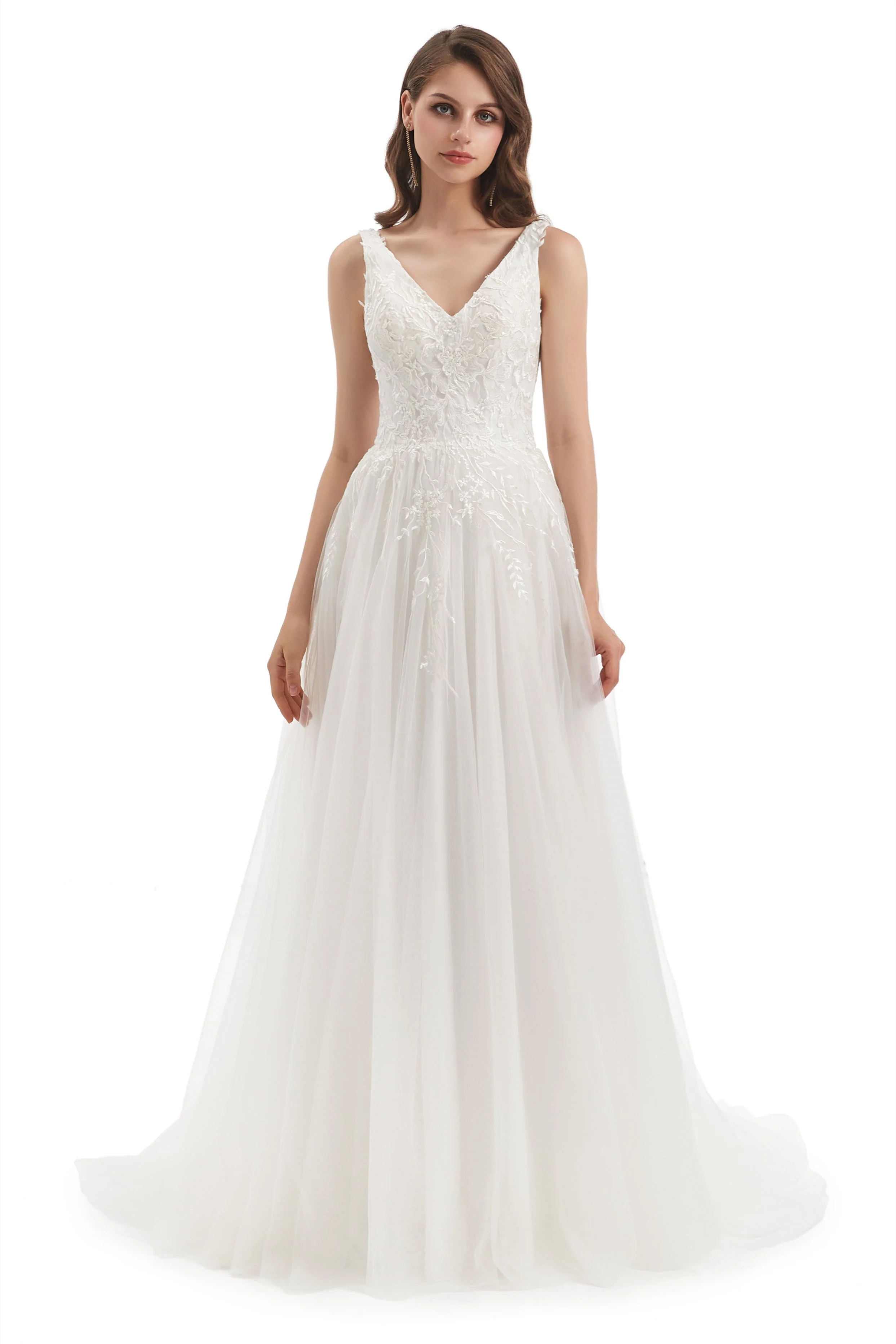 A-line V-neck Floor-length Sleeveless Backless Appliques Lace Wedding Dress - Image 4