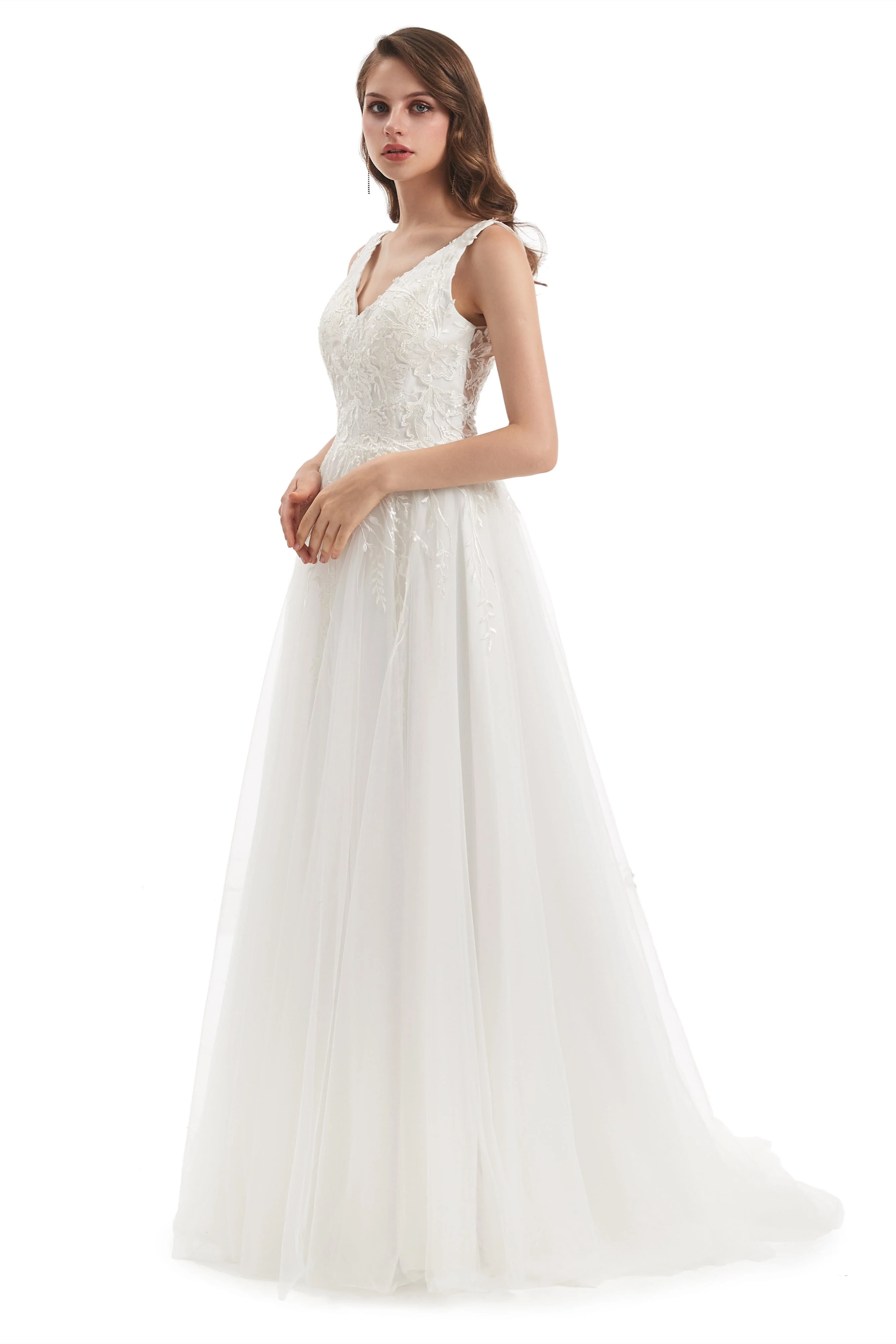 A-line V-neck Floor-length Sleeveless Backless Appliques Lace Wedding Dress - Image 5