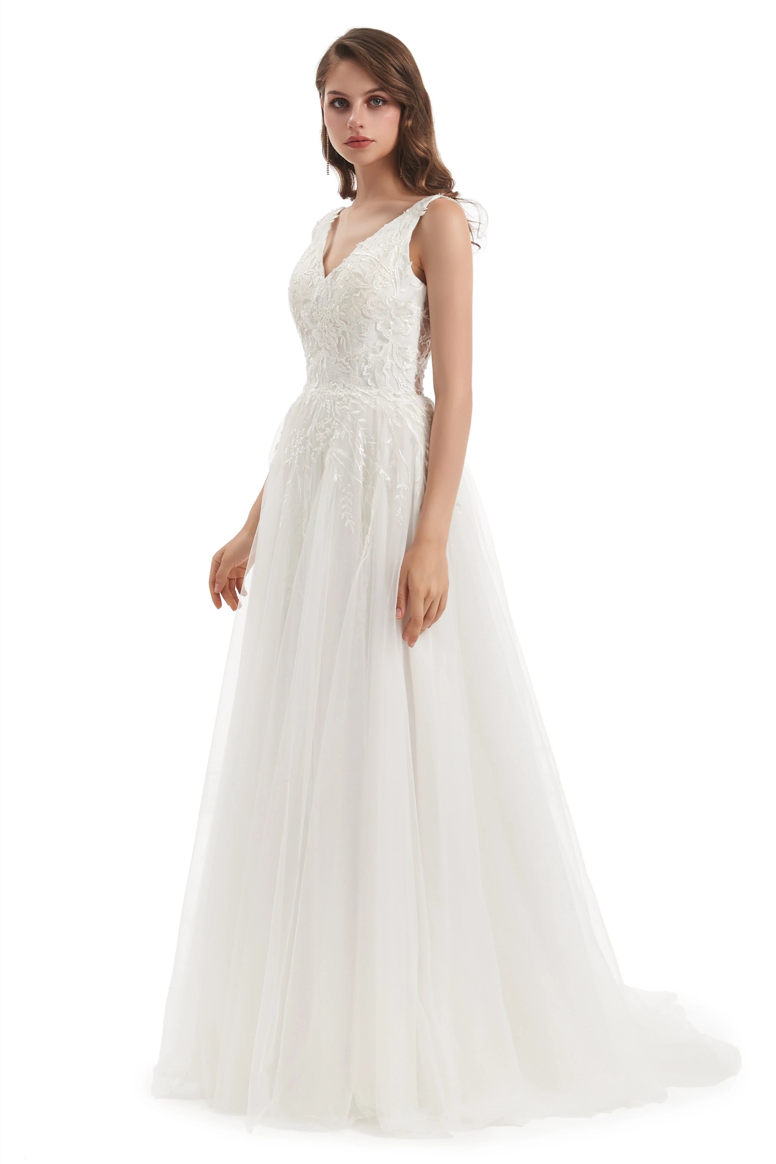 A-line V-neck Floor-length Sleeveless Backless Appliques Lace Wedding Dress - Image 6