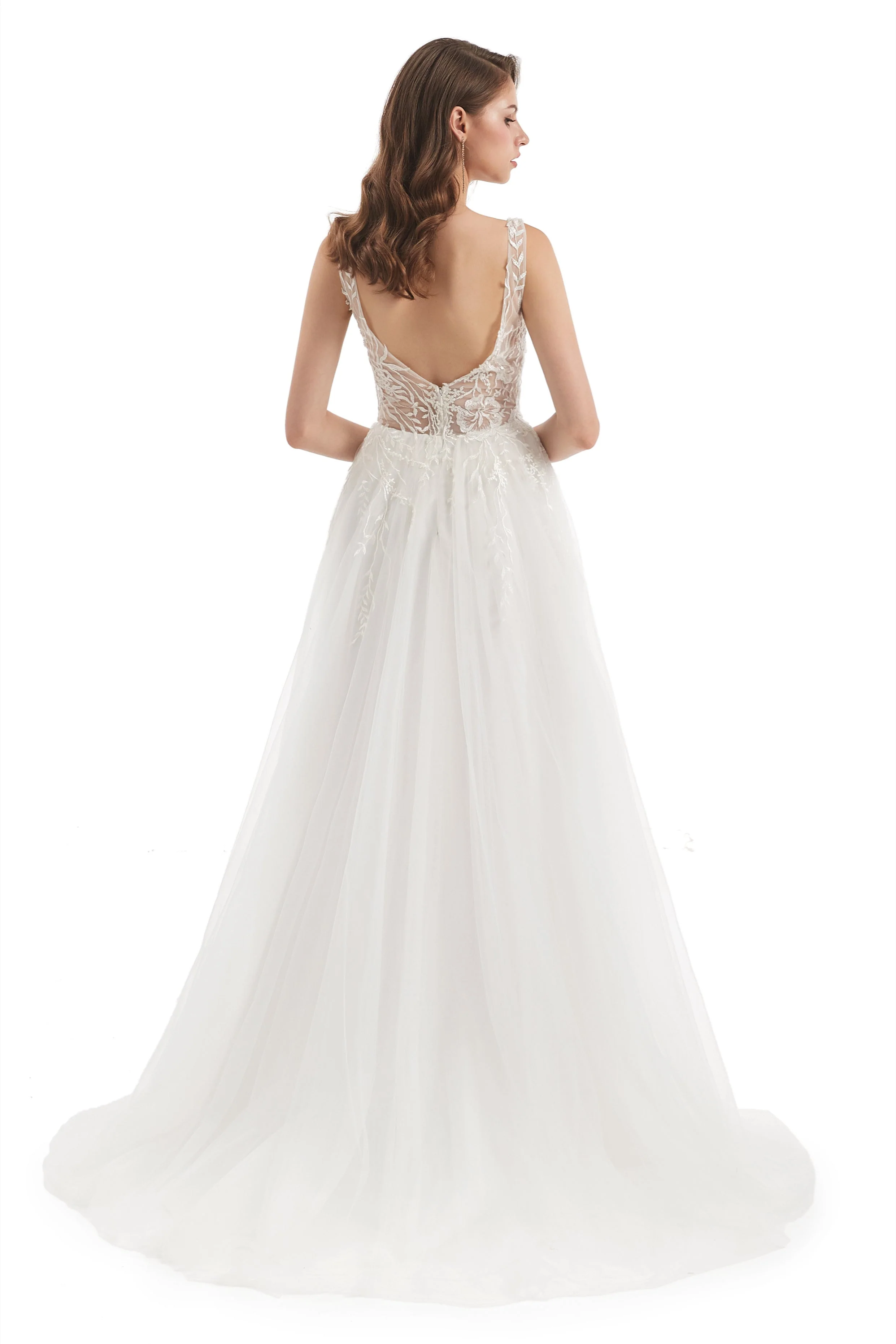 A-line V-neck Floor-length Sleeveless Backless Appliques Lace Wedding Dress - Image 7