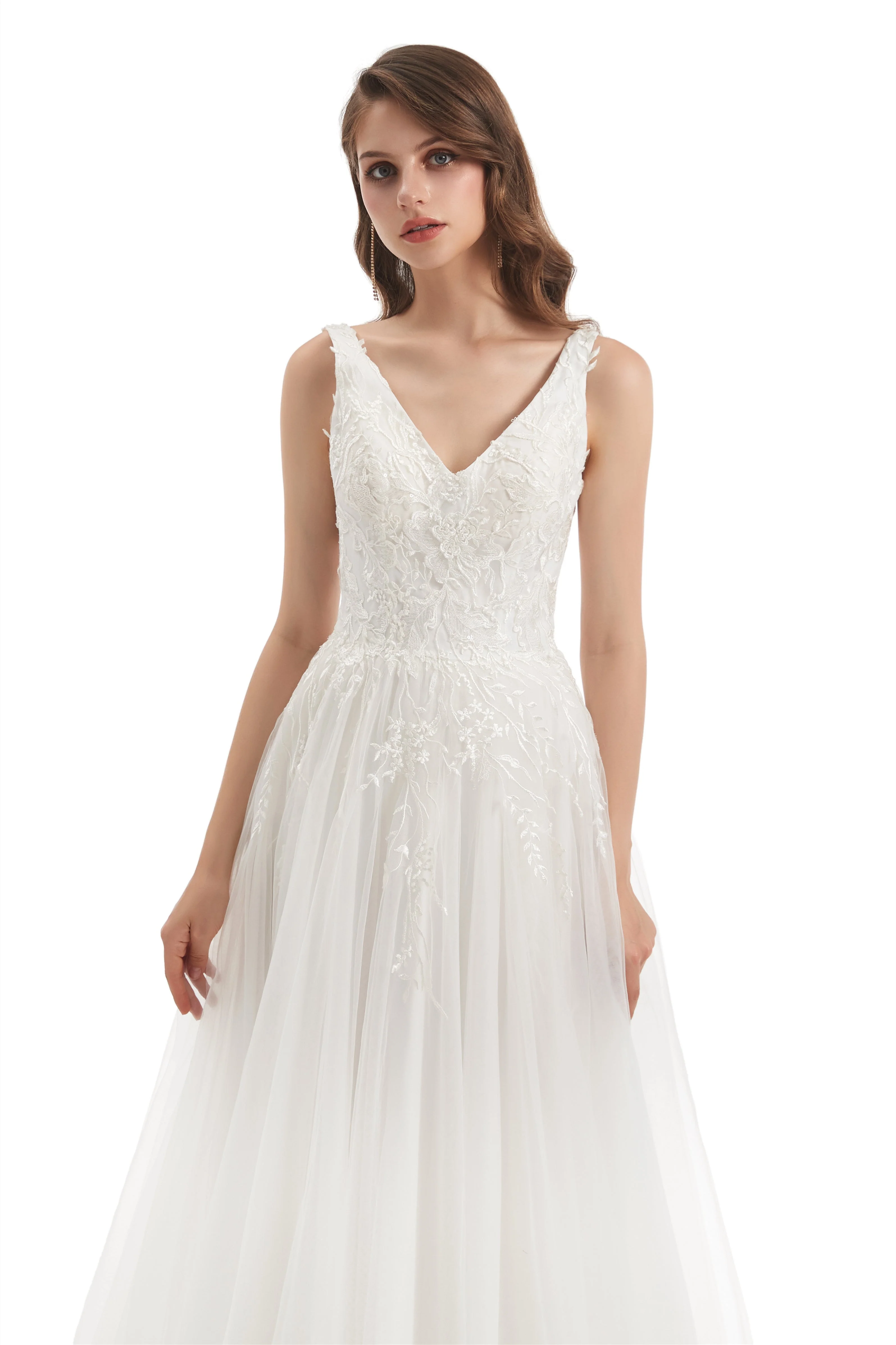 A-line V-neck Floor-length Sleeveless Backless Appliques Lace Wedding Dress - Image 8