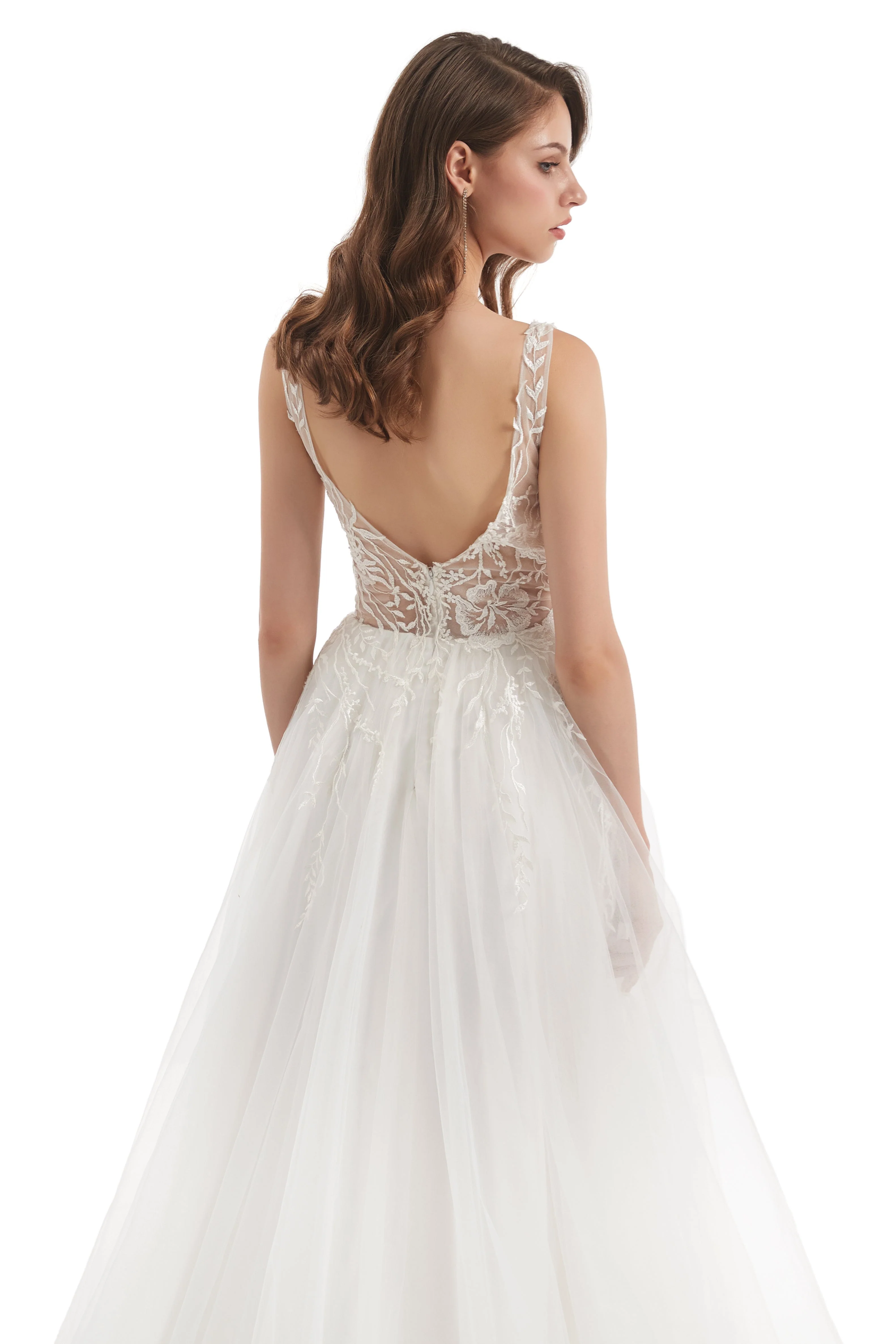 A-line V-neck Floor-length Sleeveless Backless Appliques Lace Wedding Dress - Image 9