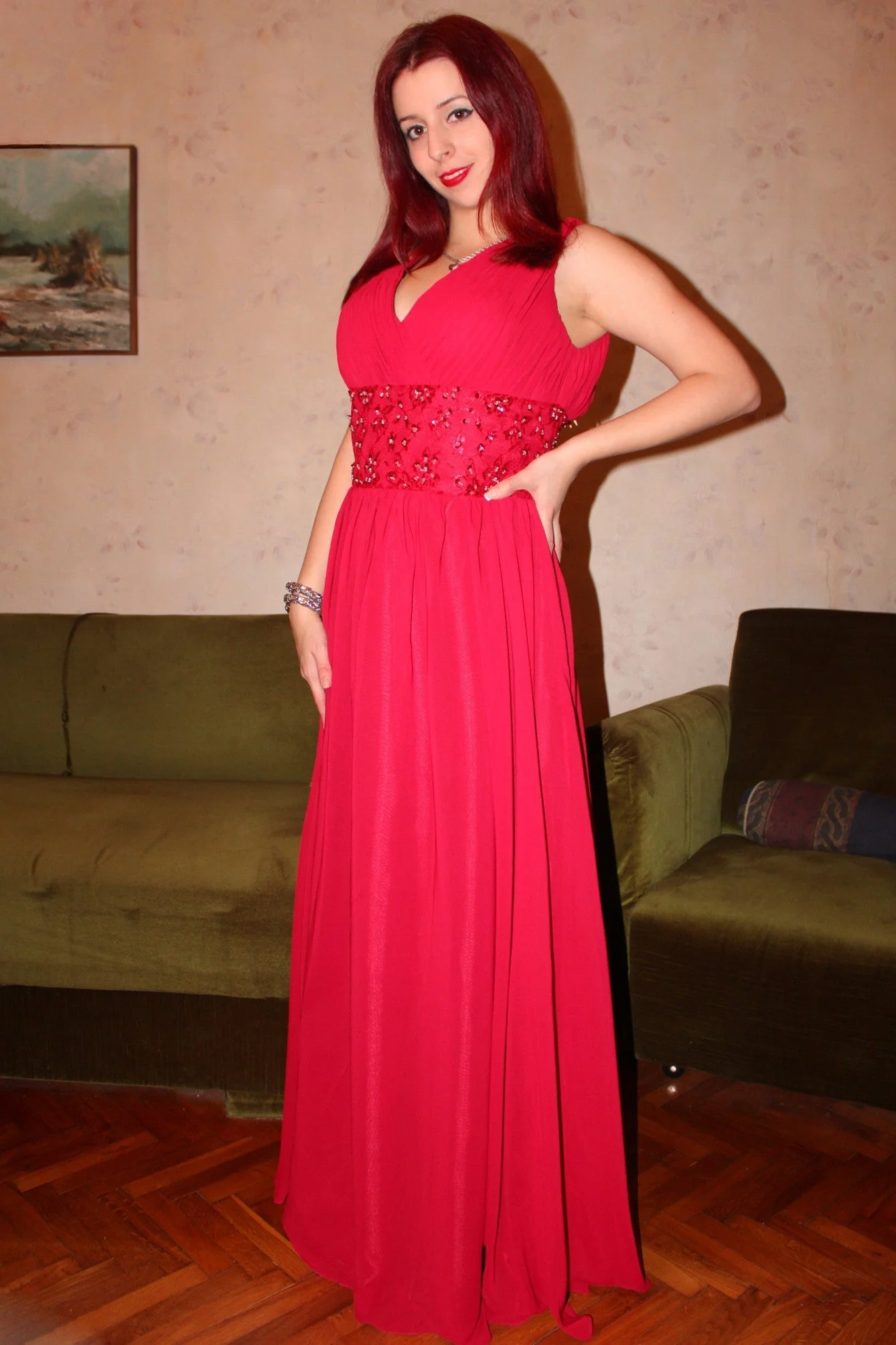 A-line V-neck Floor Length Sleeveless Chiffon Beaded Evening Dress - Image 3