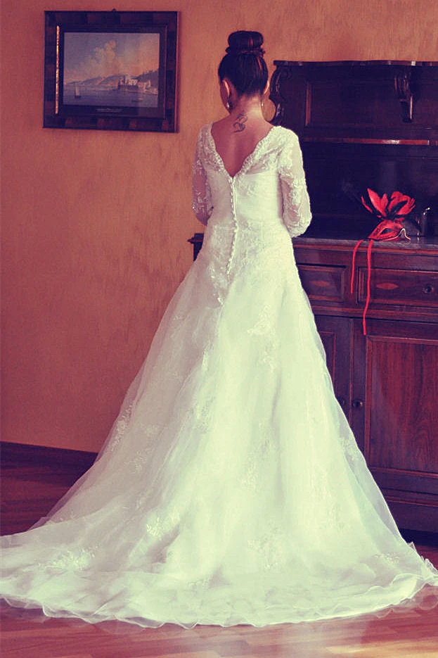 A-line V-neck Floor Length Tulle Applique Lace Wedding Dress - Image 6