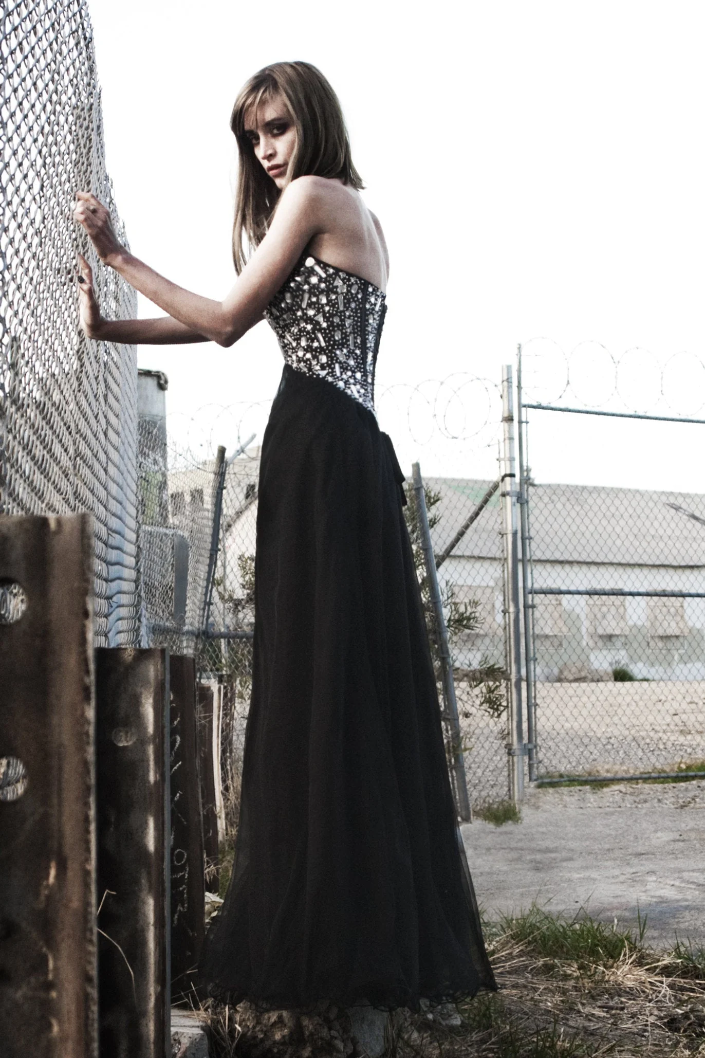 A-line V-neck Floor Length Tulle Rhinestone Corset Prom Dress - Image 2
