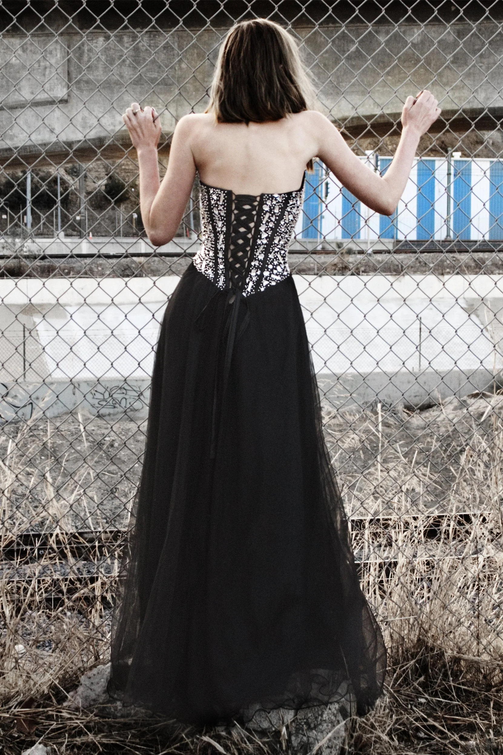 A-line V-neck Floor Length Tulle Rhinestone Corset Prom Dress - Image 3