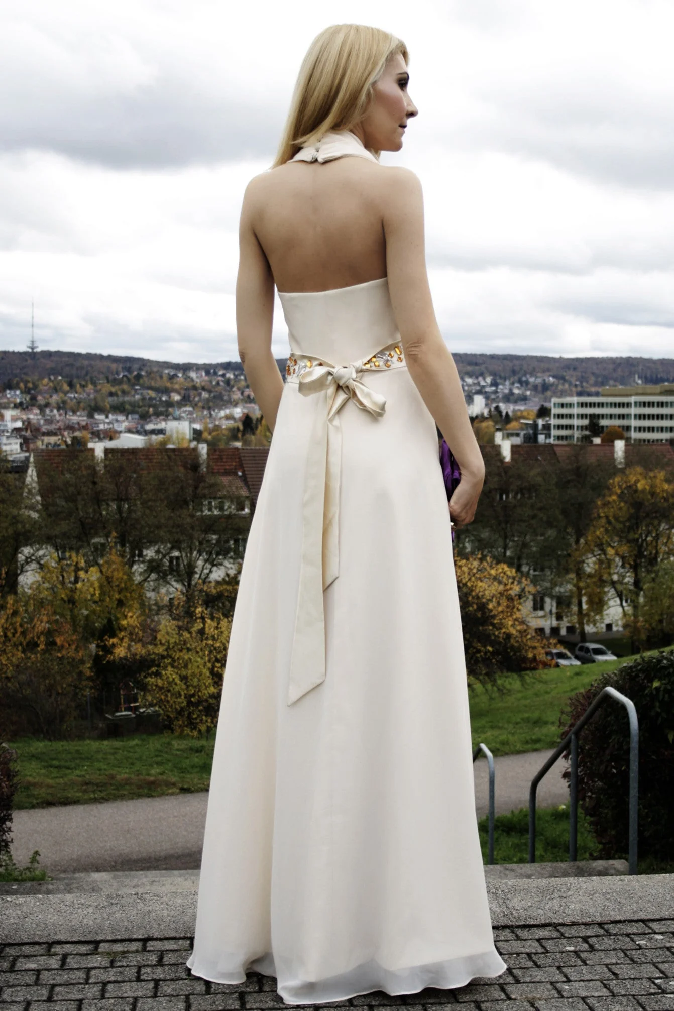 A-line V-neck Halt Floor Length Chiffon Rhinestone Evening Dress - Image 4