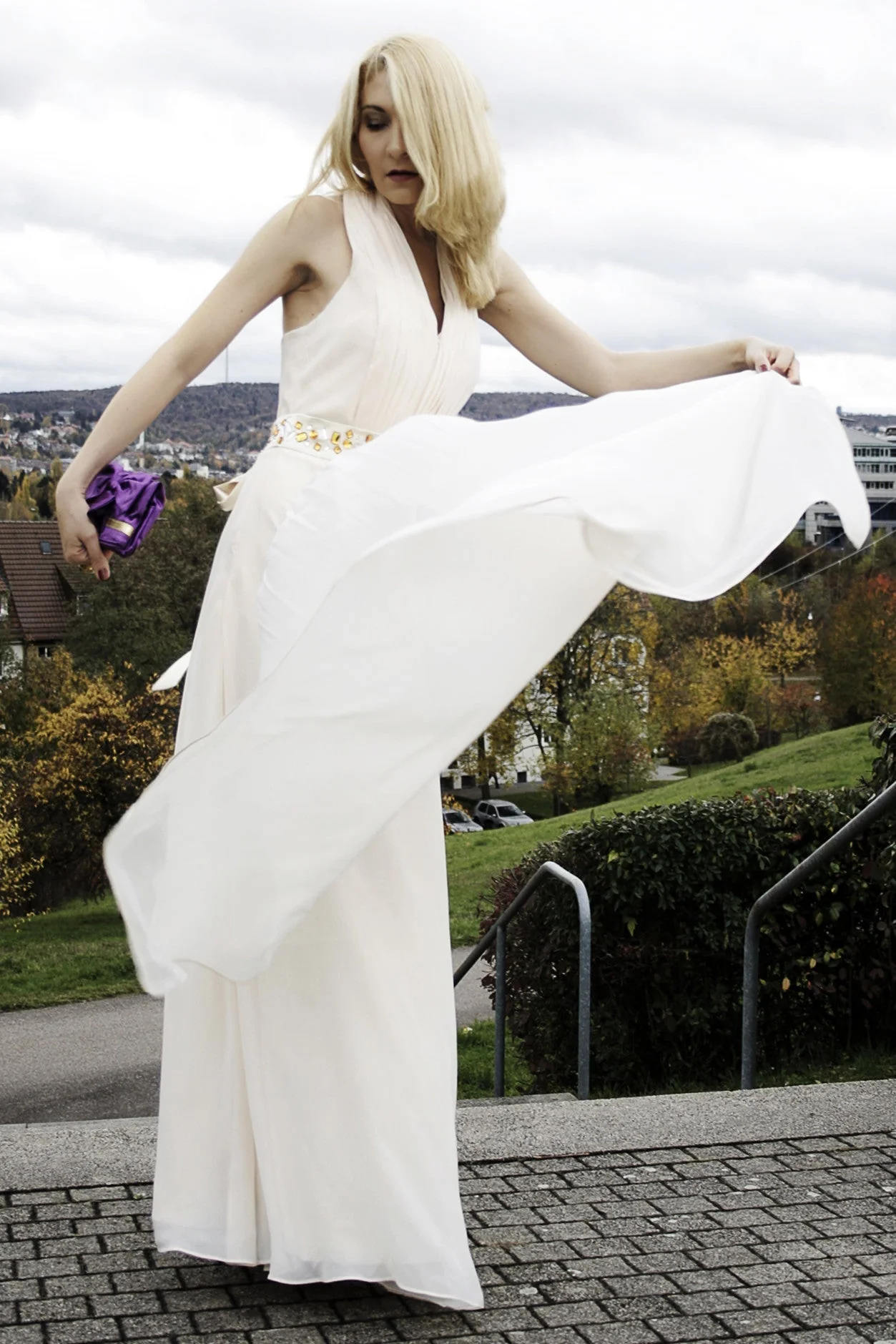 A-line V-neck Halt Floor Length Chiffon Rhinestone Evening Dress - Image 5