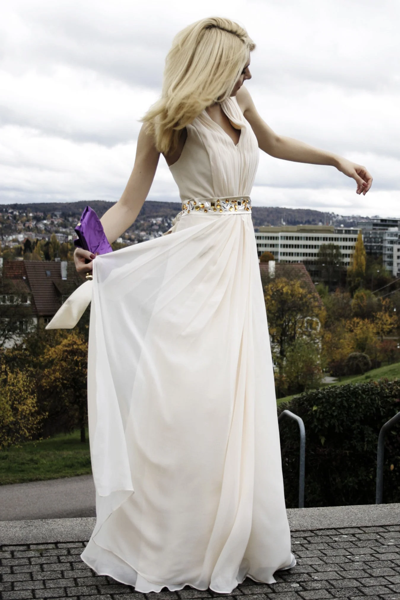 A-line V-neck Halt Floor Length Chiffon Rhinestone Evening Dress - Image 6