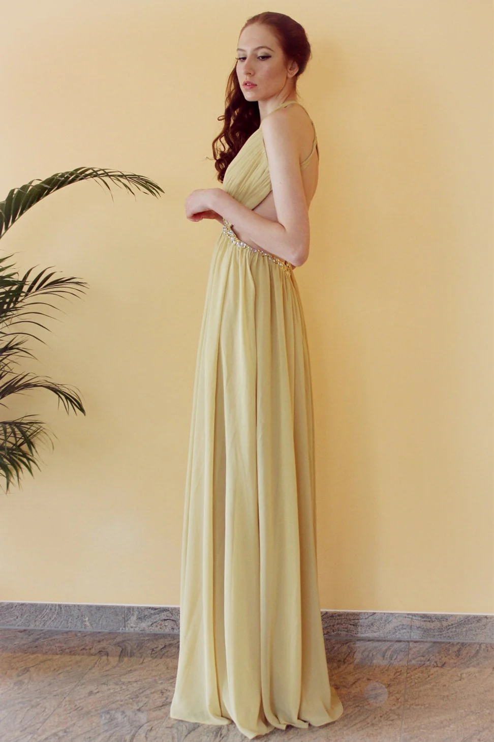 A-line V-neck Halter Floor Length Chiffon Rhinestone Backless Prom Dress - Image 2