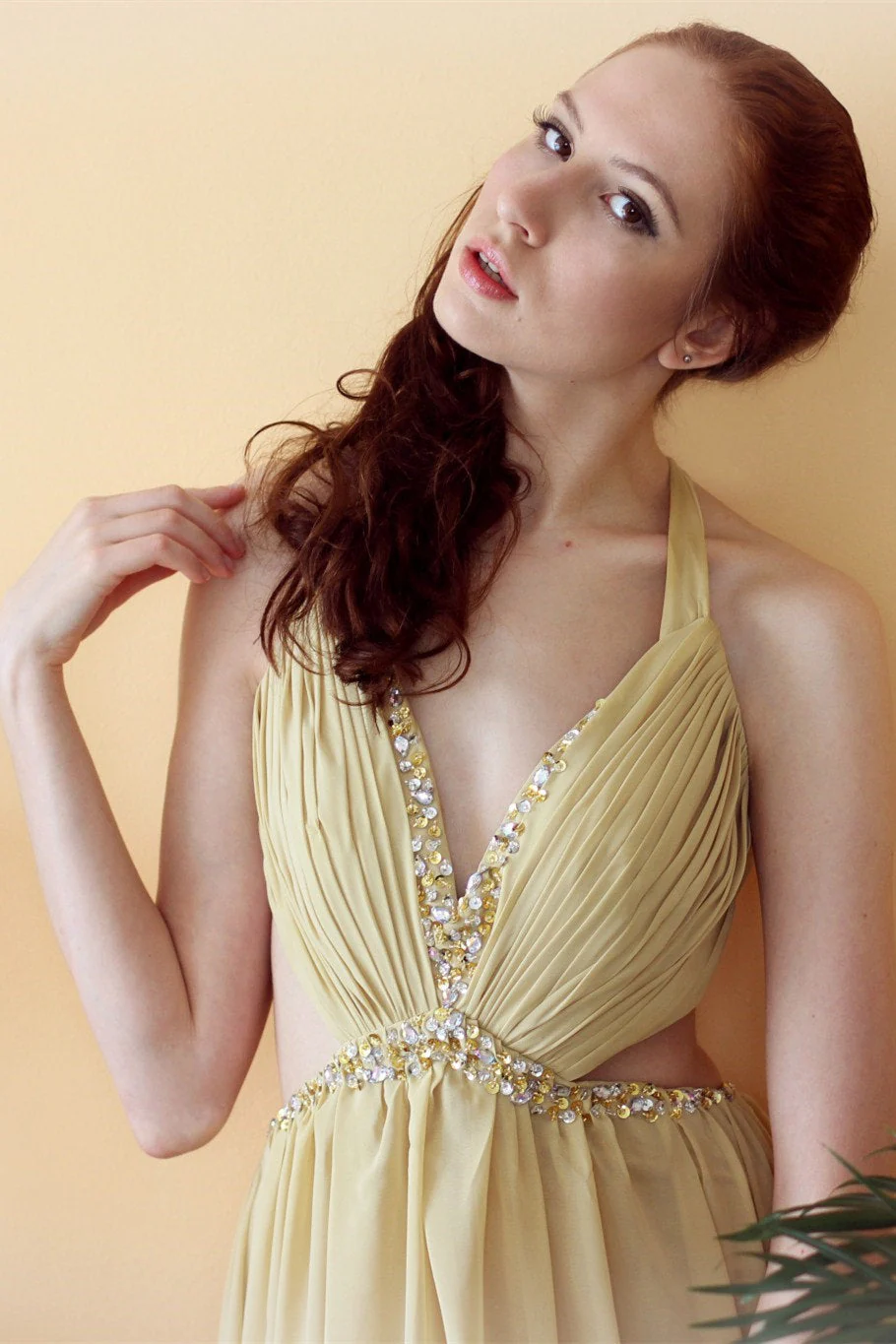 A-line V-neck Halter Floor Length Chiffon Rhinestone Backless Prom Dress - Image 5