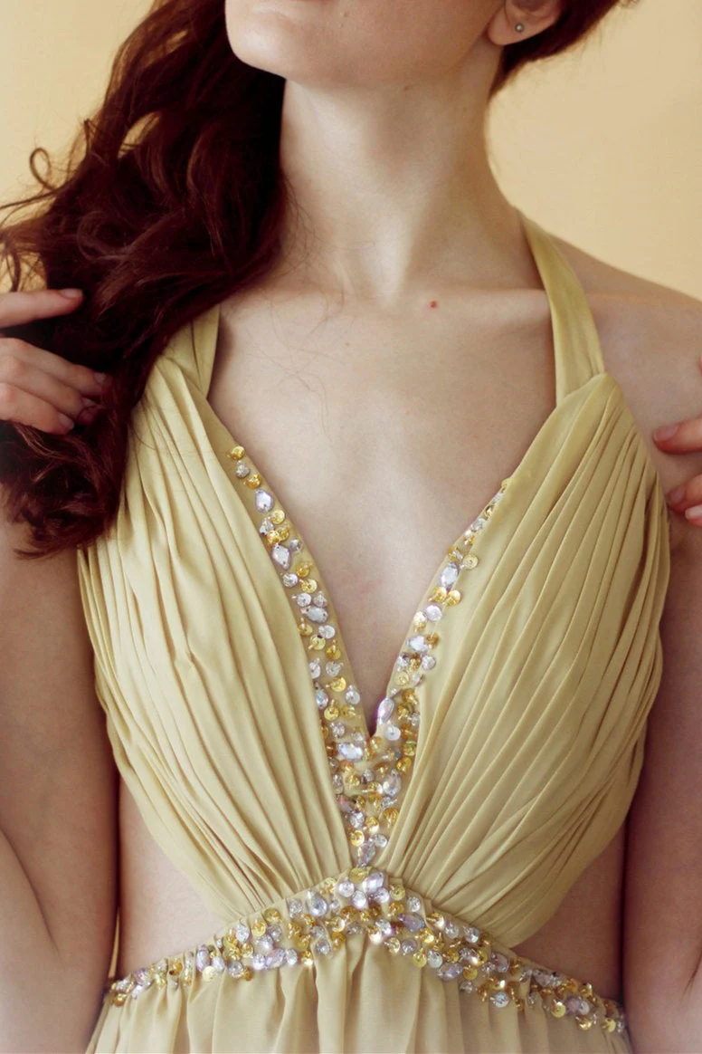 A-line V-neck Halter Floor Length Chiffon Rhinestone Backless Prom Dress - Image 6