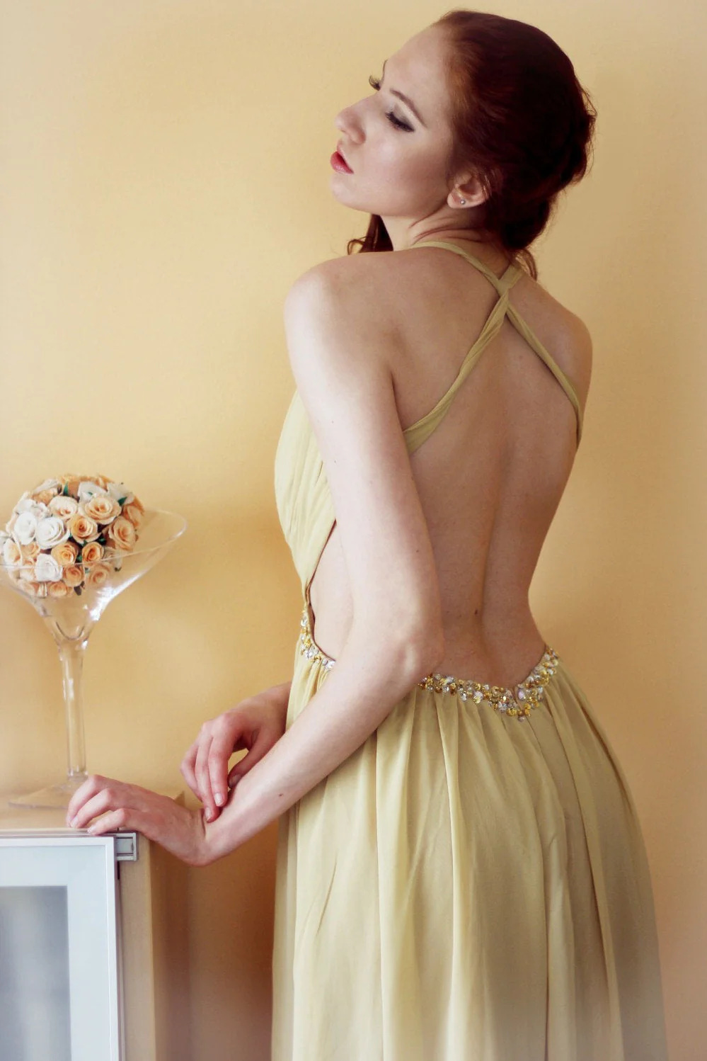 A-line V-neck Halter Floor Length Chiffon Rhinestone Backless Prom Dress - Image 7