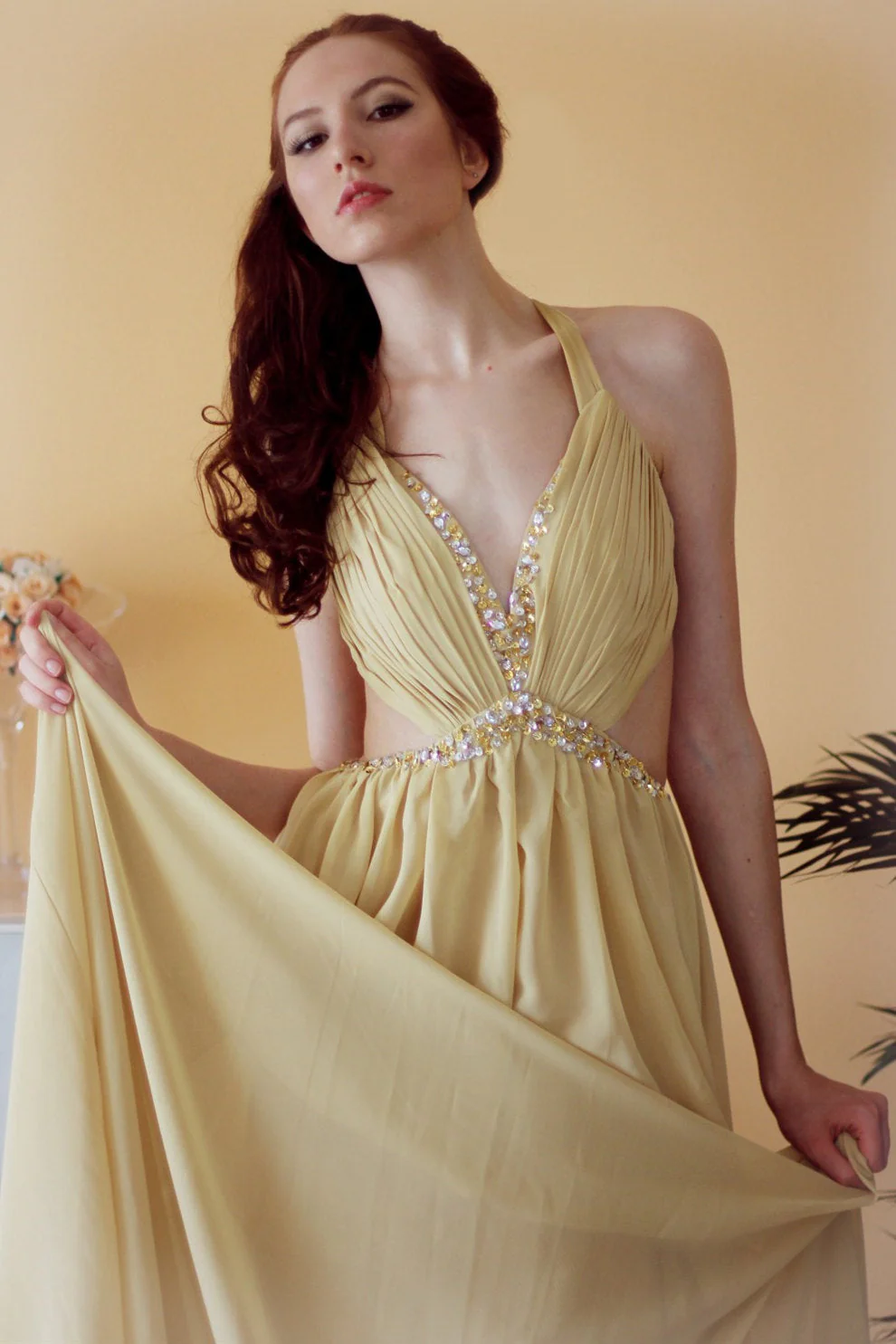 A-line V-neck Halter Floor Length Chiffon Rhinestone Backless Prom Dress - Image 8